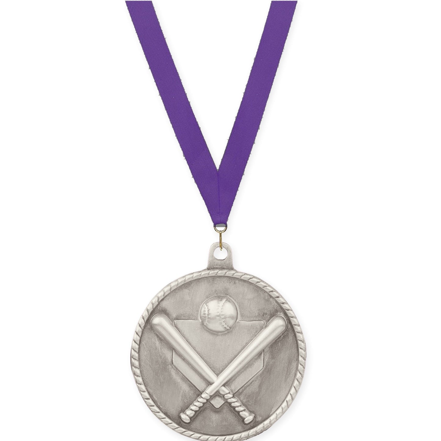 2 inch baseball and softball High Relief medal in antique silver with Purple neck ribbon