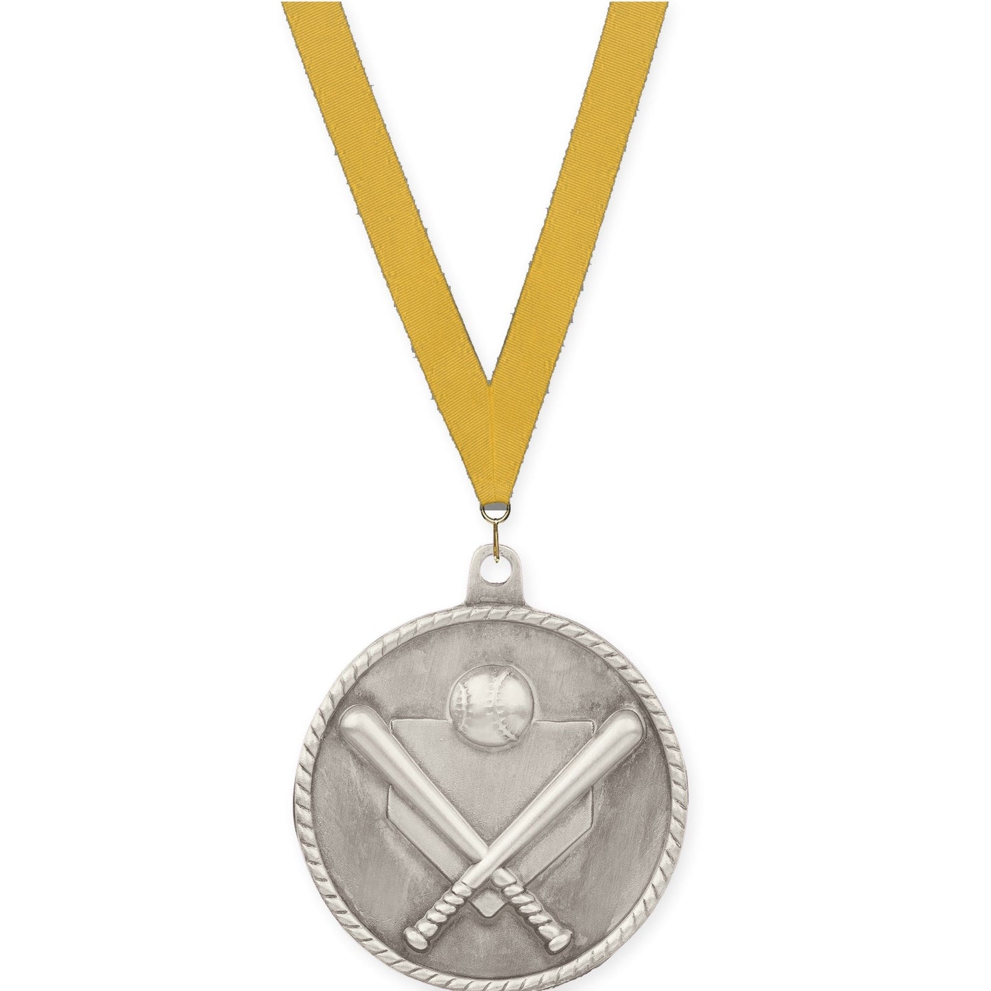 2 inch baseball and softball High Relief medal in antique silver with Gold neck ribbon