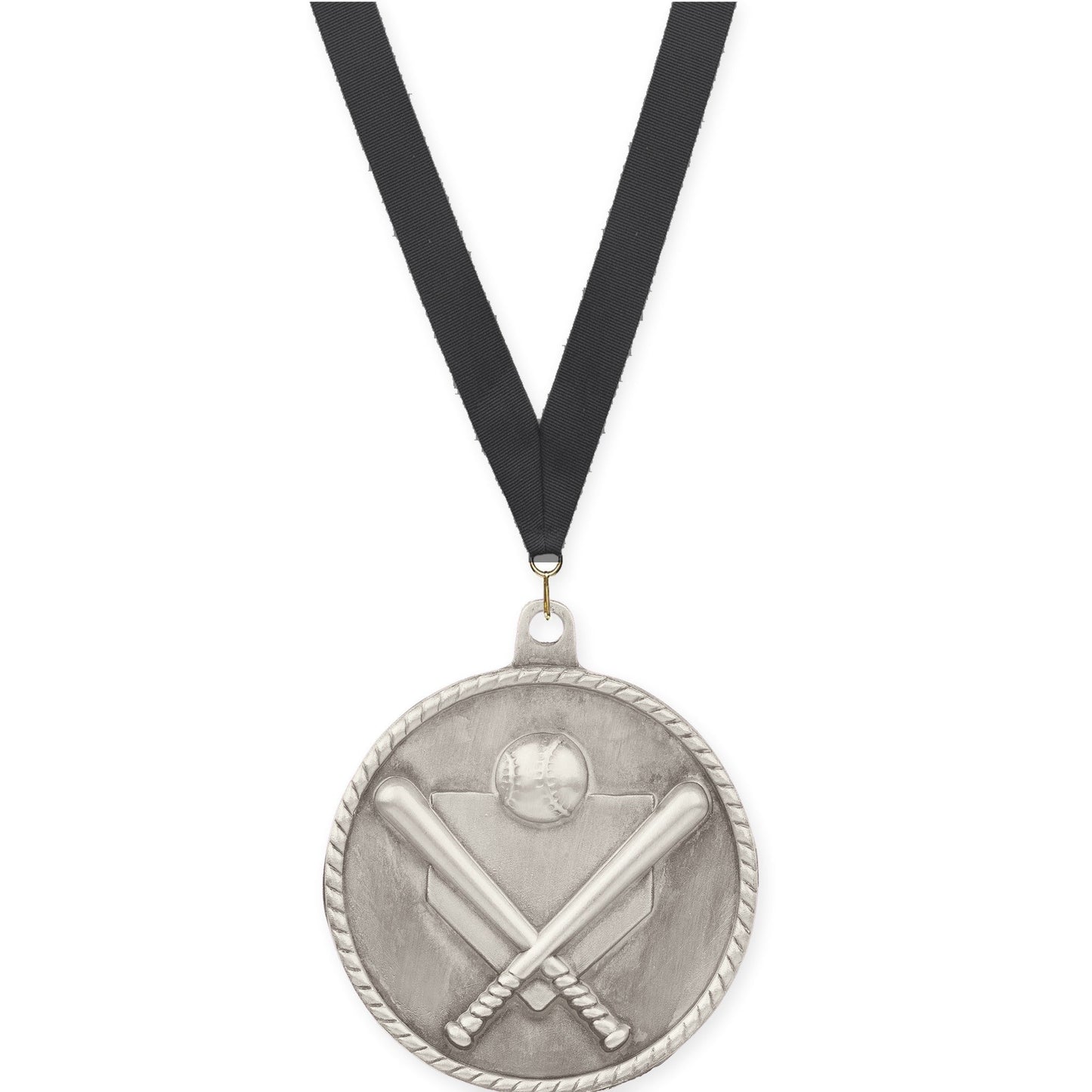 2 inch baseball and softball High Relief medal in antique silver with Black neck ribbon