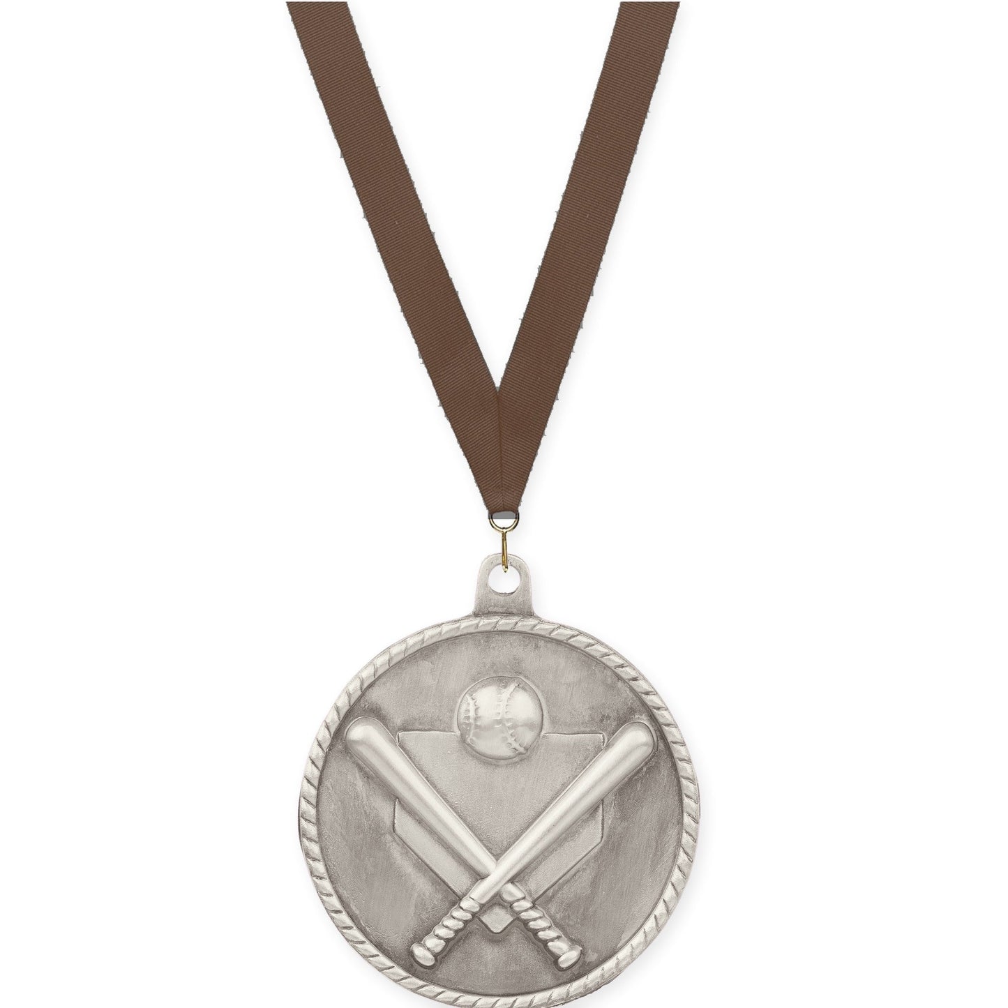 2 inch baseball and softball High Relief medal in antique silver with Brown neck ribbon