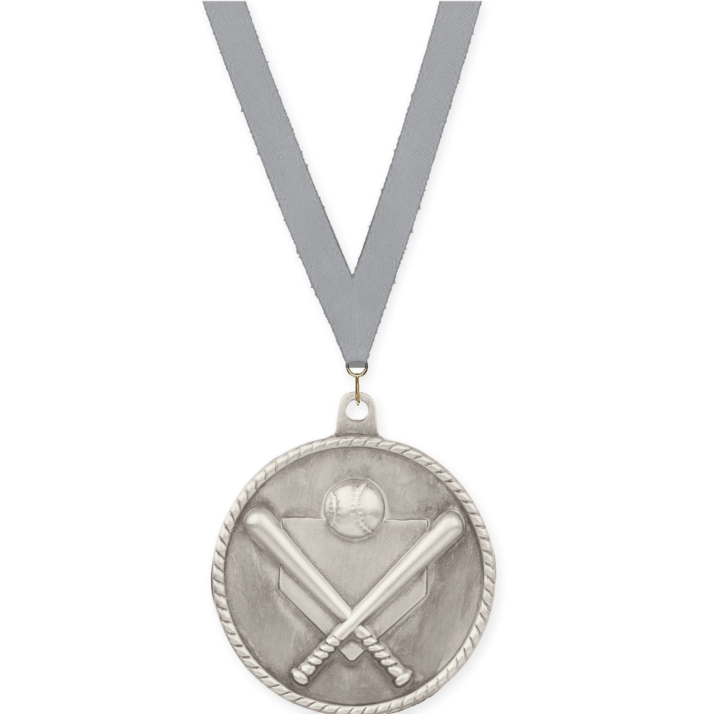 2 inch baseball and softball High Relief medal in antique silver with Gray neck ribbon