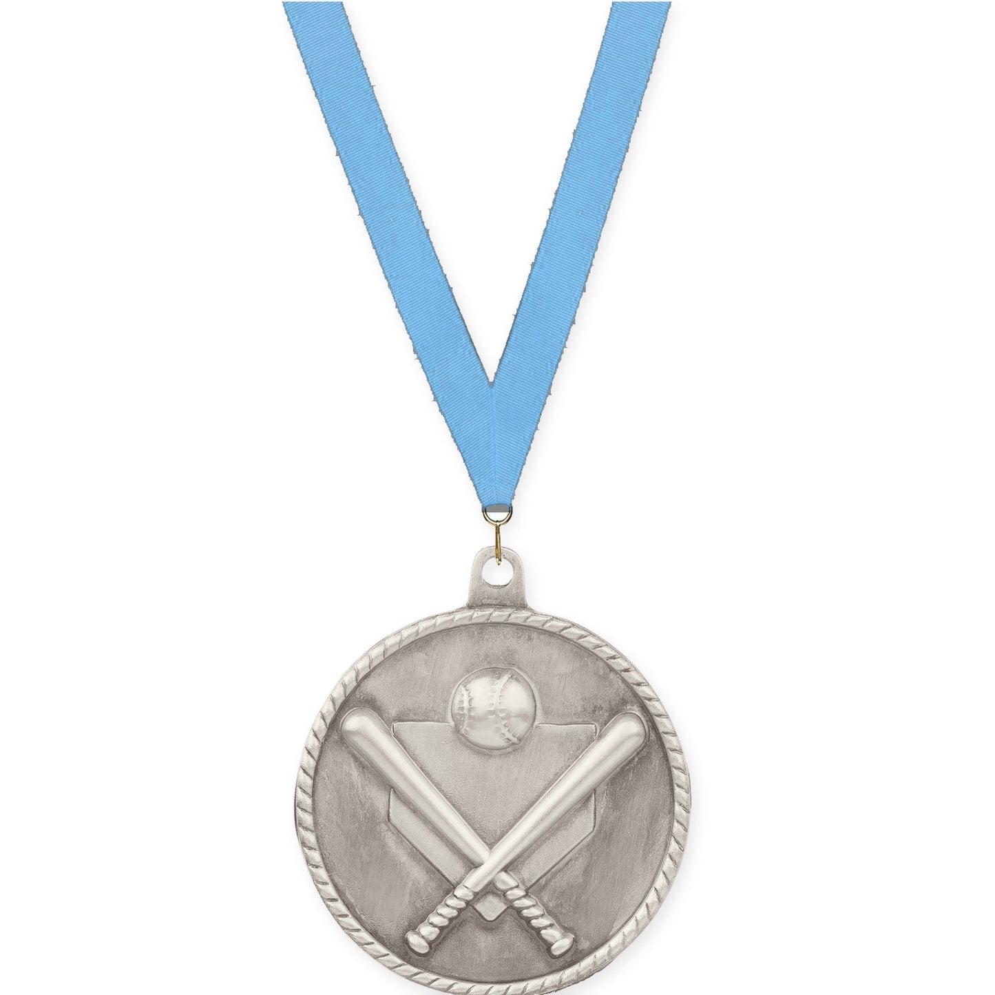 2 inch baseball and softball High Relief medal in antique silver with Light Blue neck ribbon