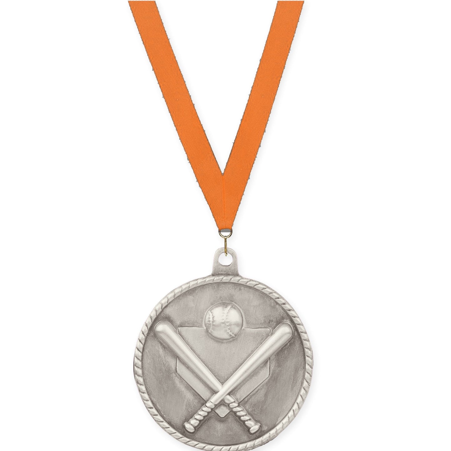 2 inch baseball and softball High Relief medal in antique silver with Orange neck ribbon