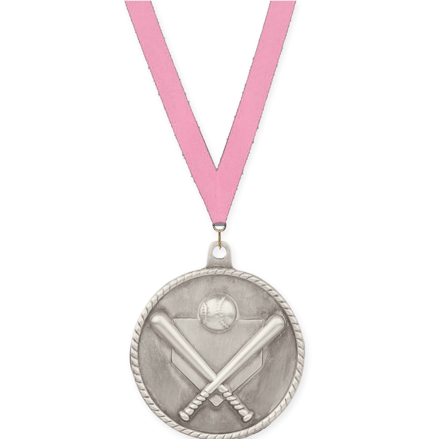 2 inch baseball and softball High Relief medal in antique silver with Pink neck ribbon