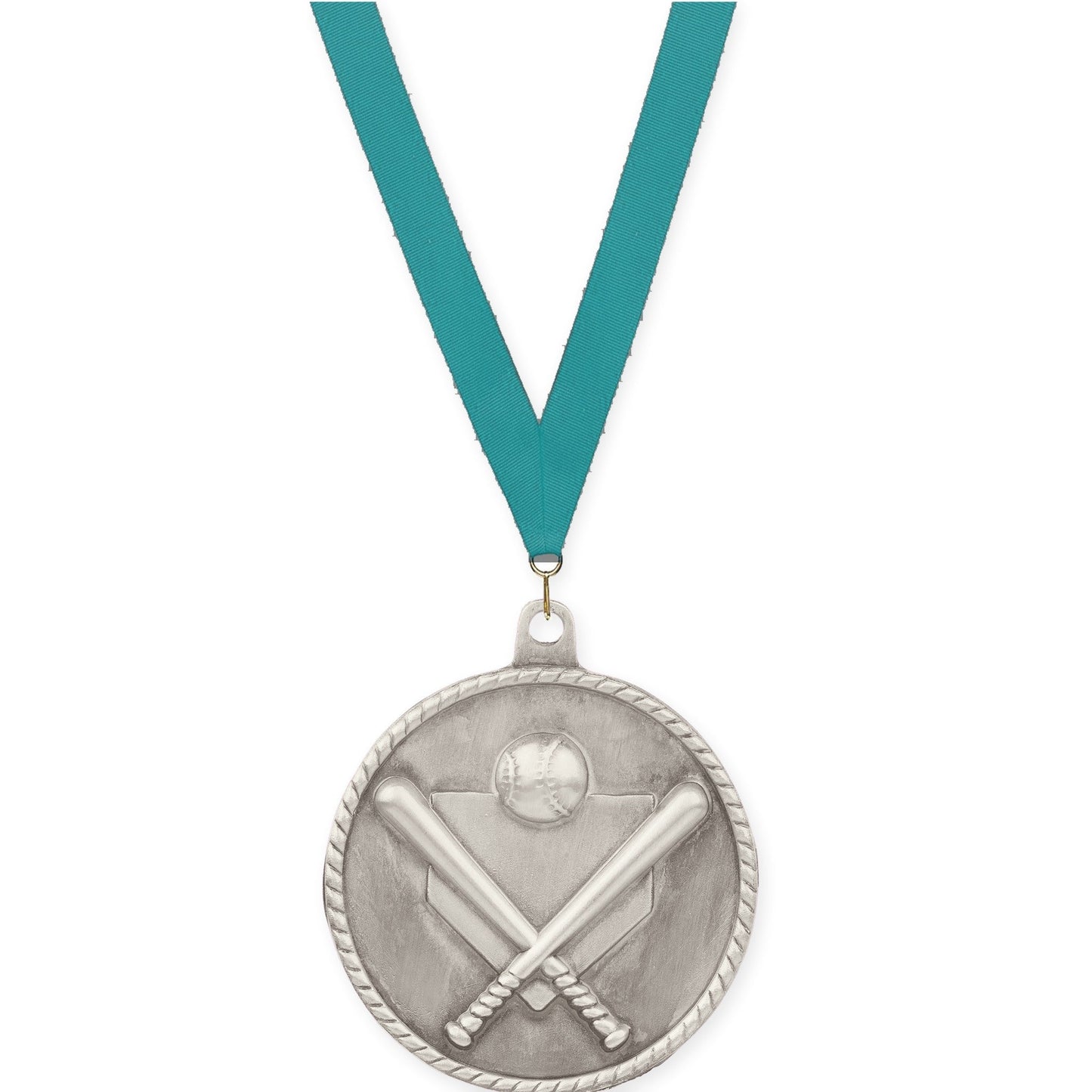 2 inch baseball and softball High Relief medal in antique silver with Teal neck ribbon