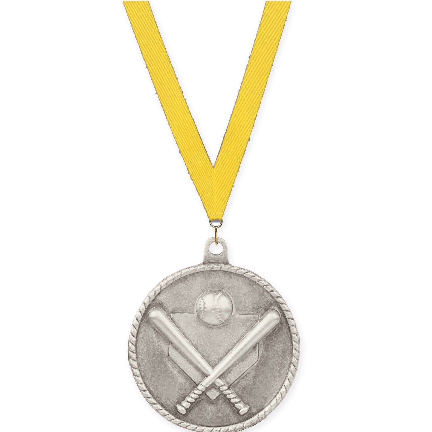 2 inch baseball and softball High Relief medal in antique silver with Yellow neck ribbon