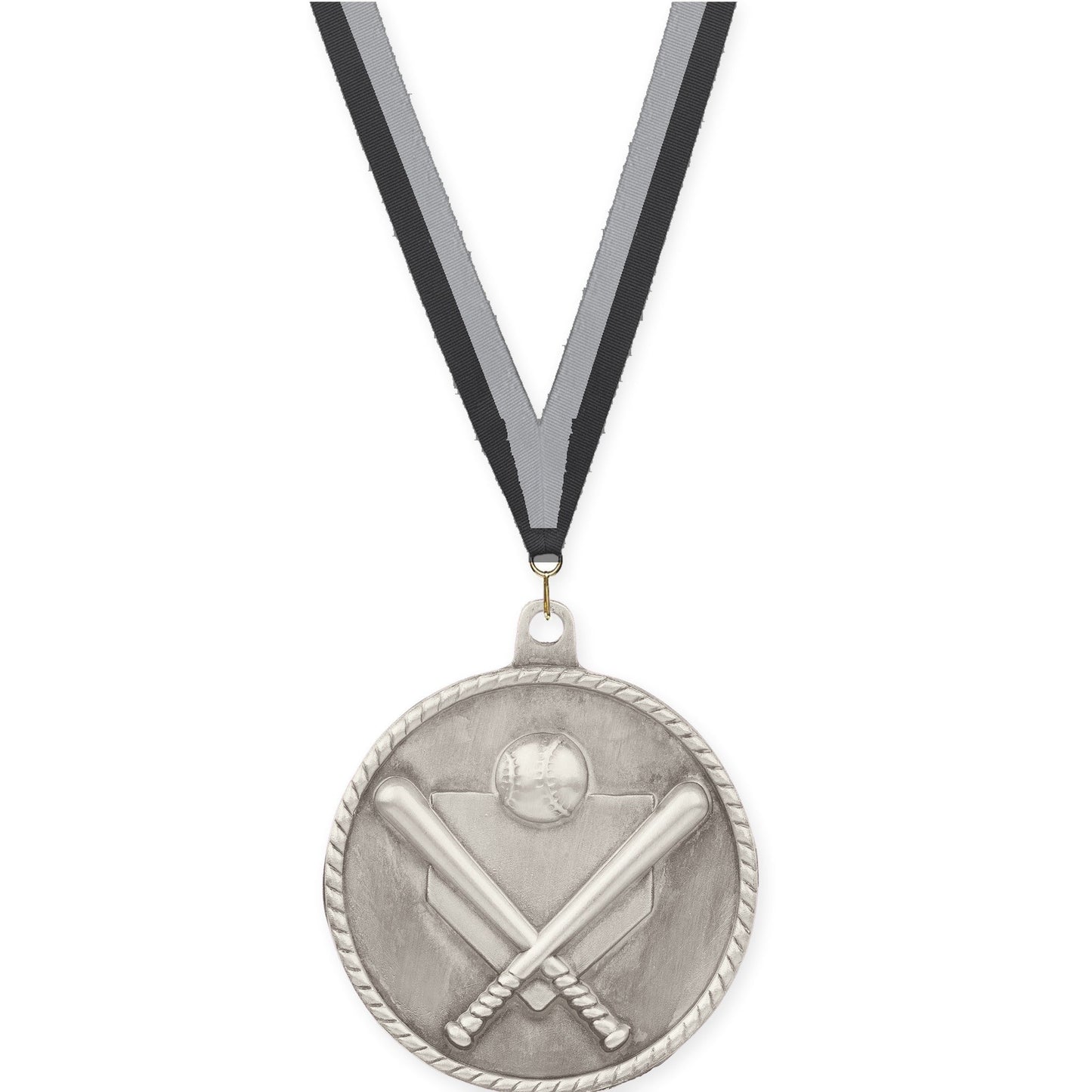 2 inch baseball and softball High Relief medal in antique silver with Black Gray neck ribbon