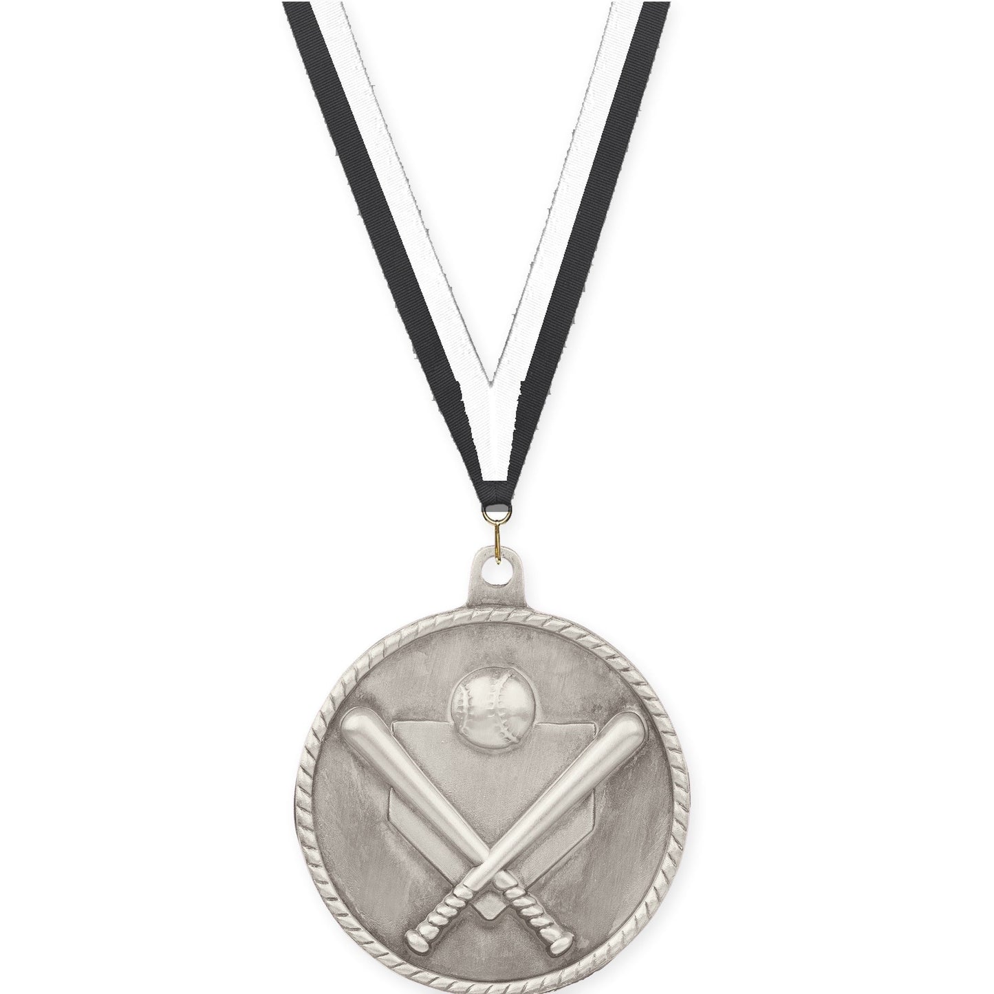 2 inch baseball and softball High Relief medal in antique silver with Black White neck ribbon