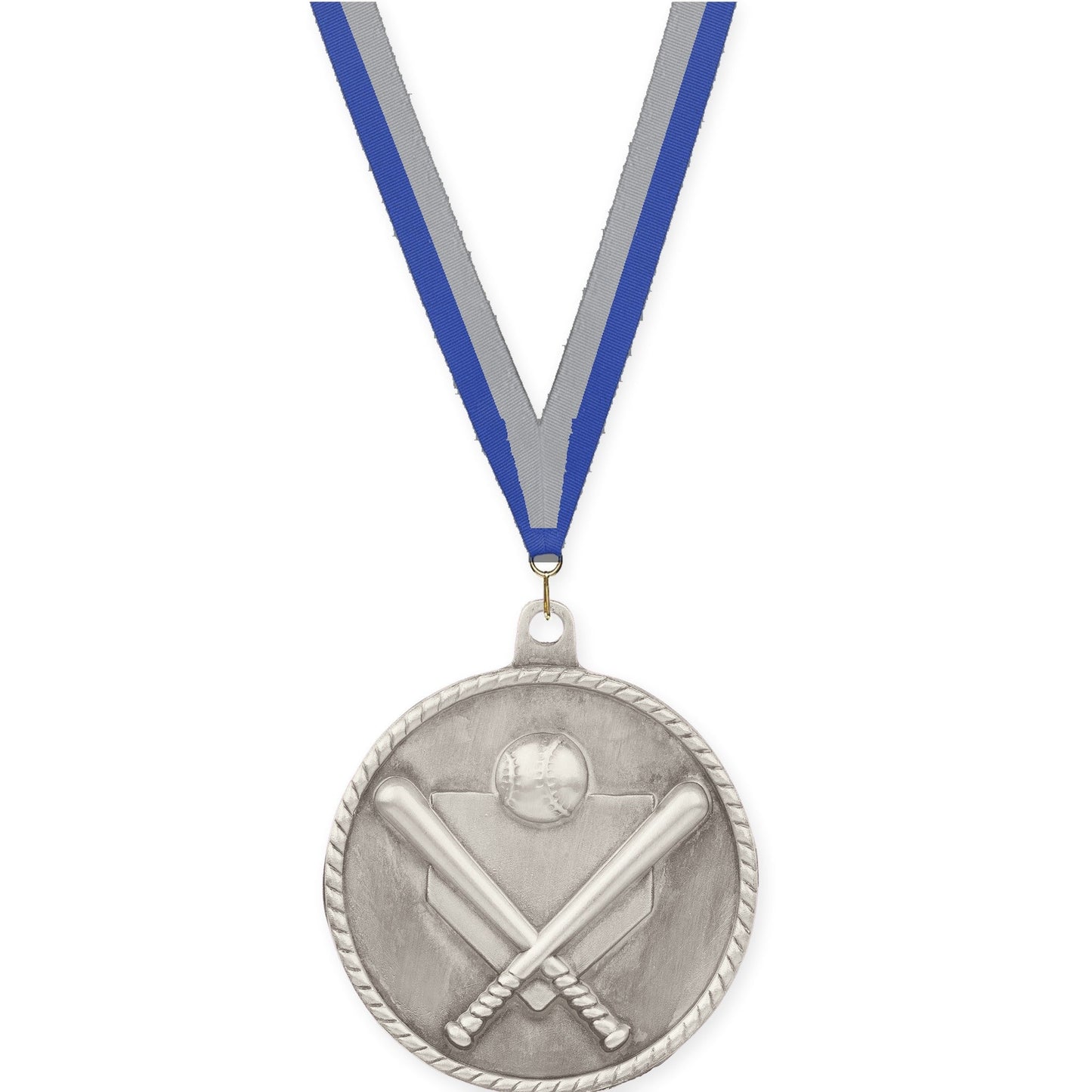 2 inch baseball and softball High Relief medal in antique silver with Blue Gray neck ribbon