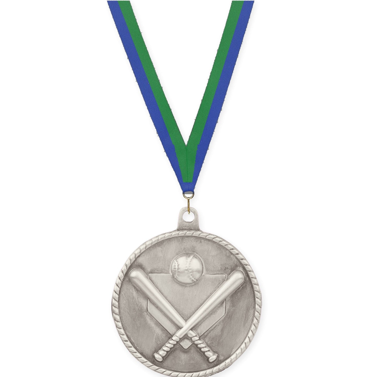 2 inch baseball and softball High Relief medal in antique silver with Blue Green neck ribbon