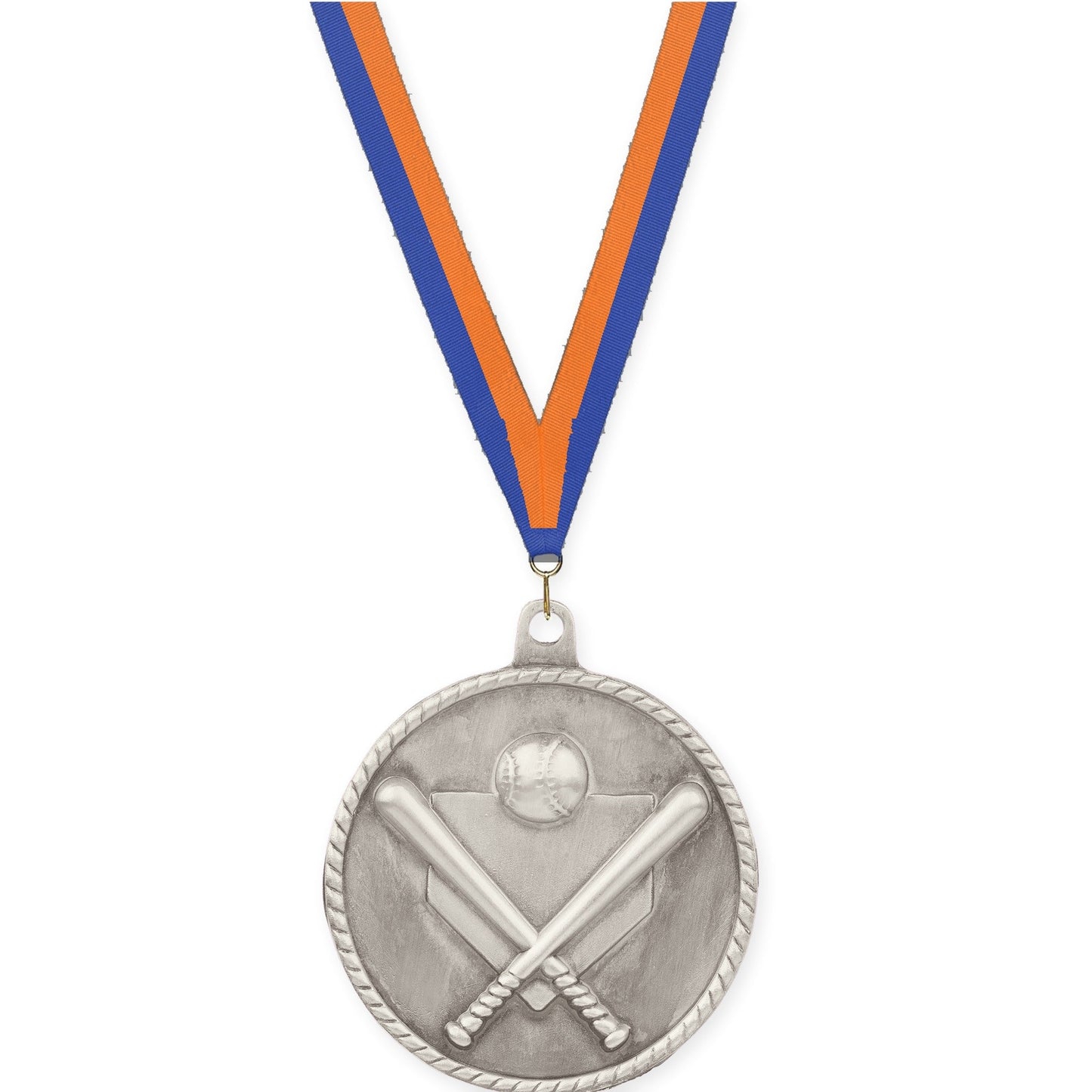 2 inch baseball and softball High Relief medal in antique silver with Blue Orange neck ribbon