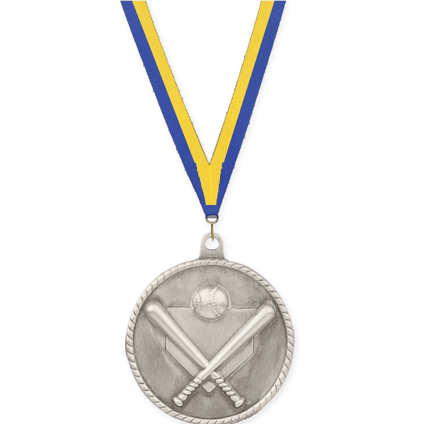 2 inch baseball and softball High Relief medal in antique silver with Blue Yellow neck ribbon