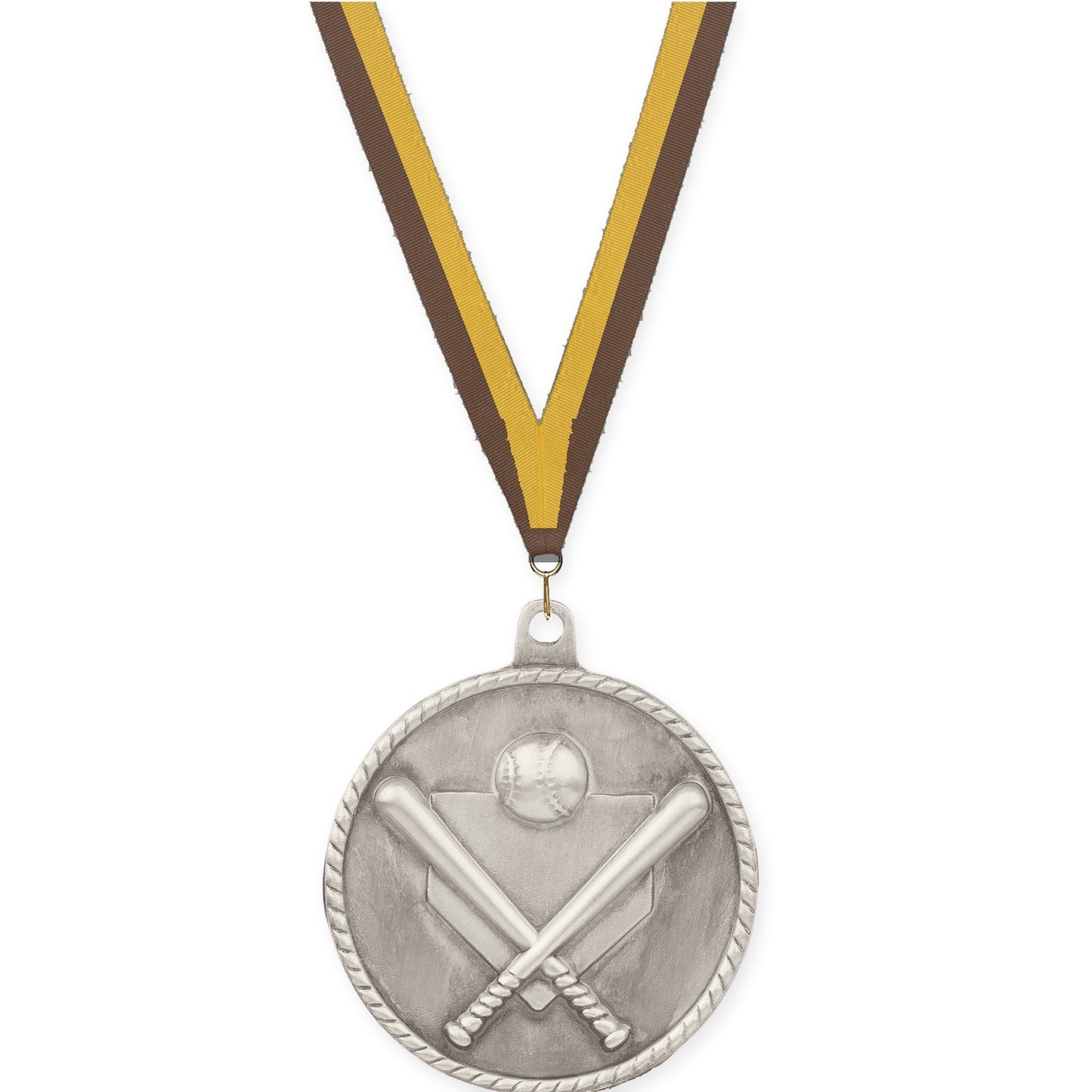 2 inch baseball and softball High Relief medal in antique silver with Brown Gold neck ribbon
