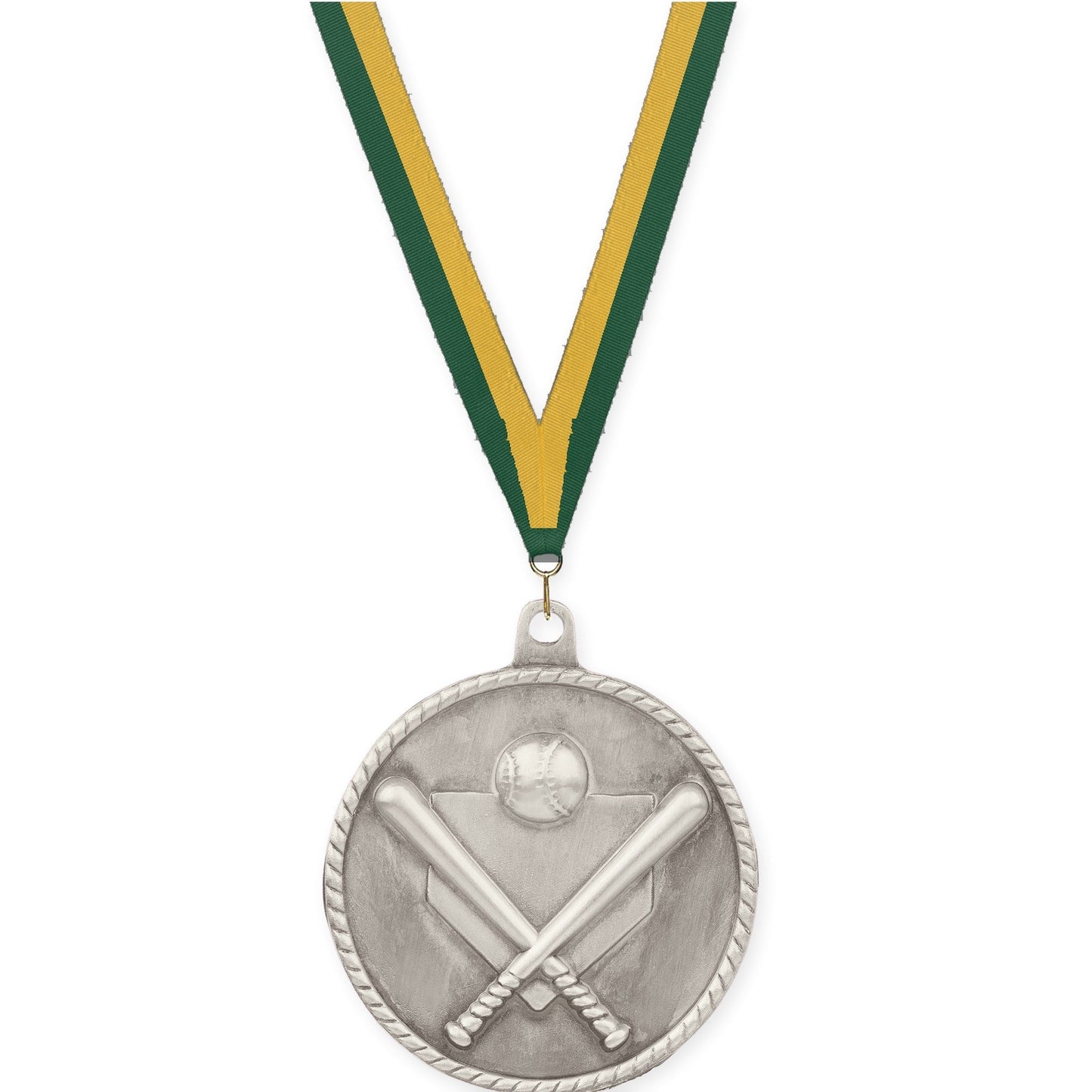 2 inch baseball and softball High Relief medal in antique silver with Hunter Green Gold neck ribbon