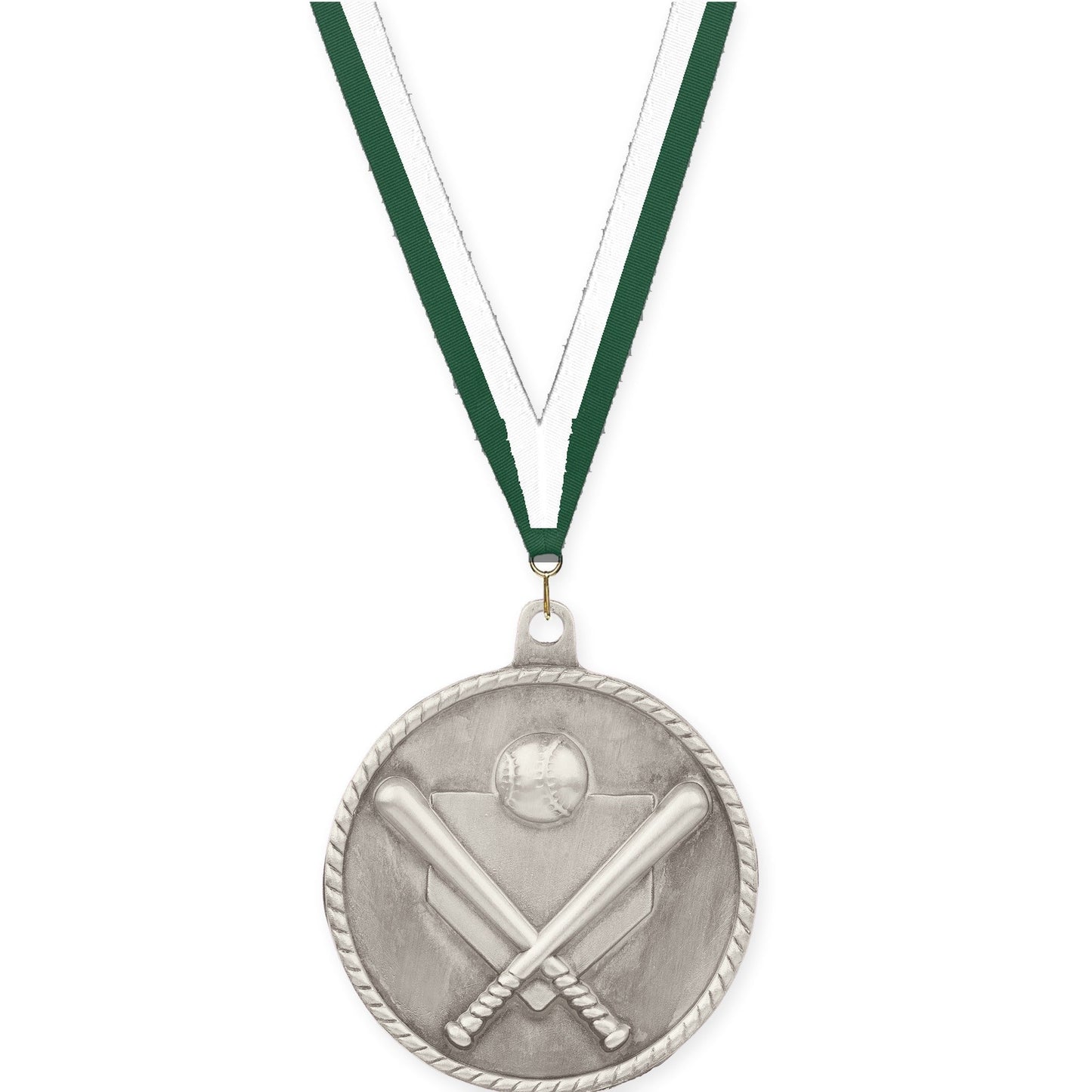 2 inch baseball and softball High Relief medal in antique silver with Hunter Green White neck ribbon