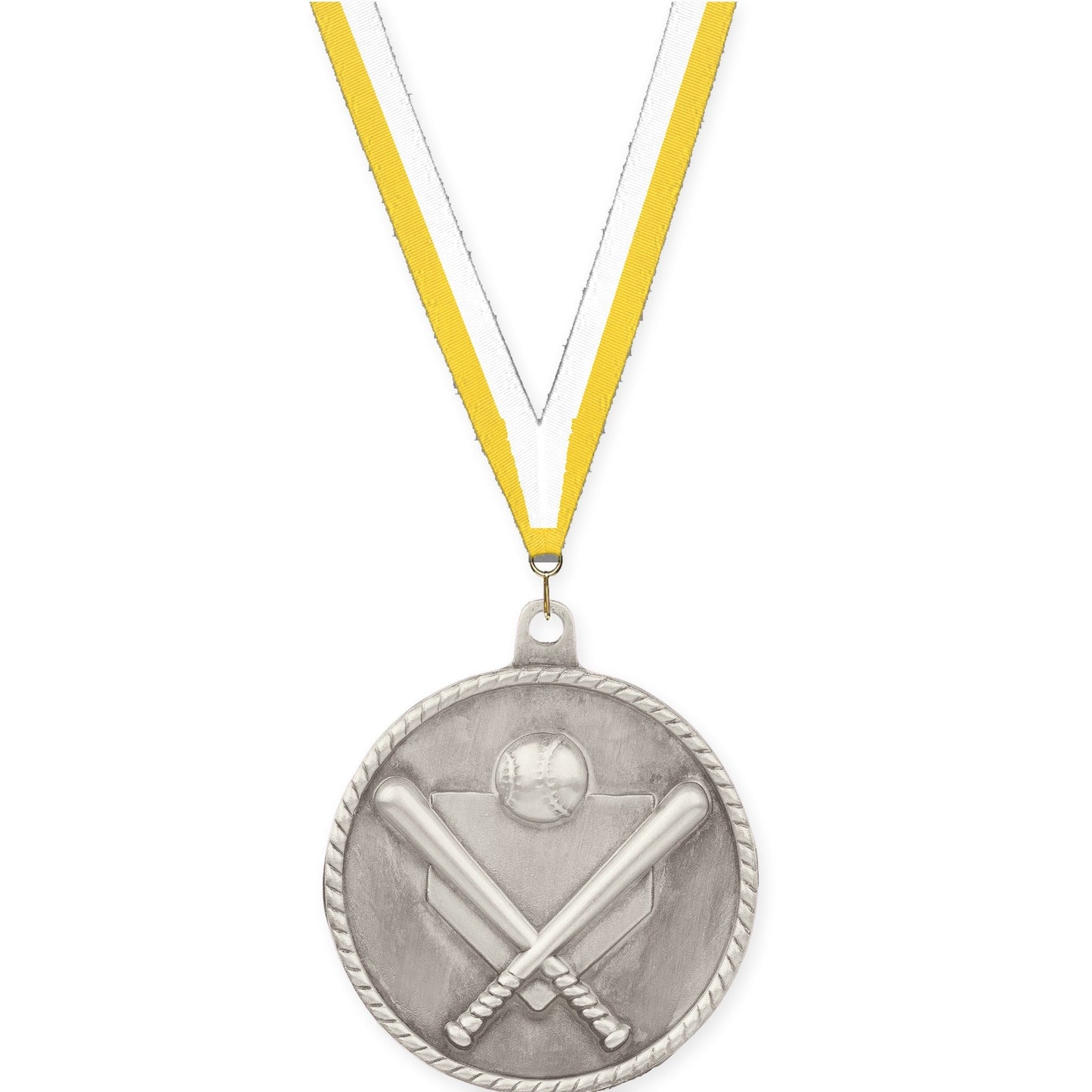 2 inch baseball and softball High Relief medal in antique silver with Yellow White neck ribbon