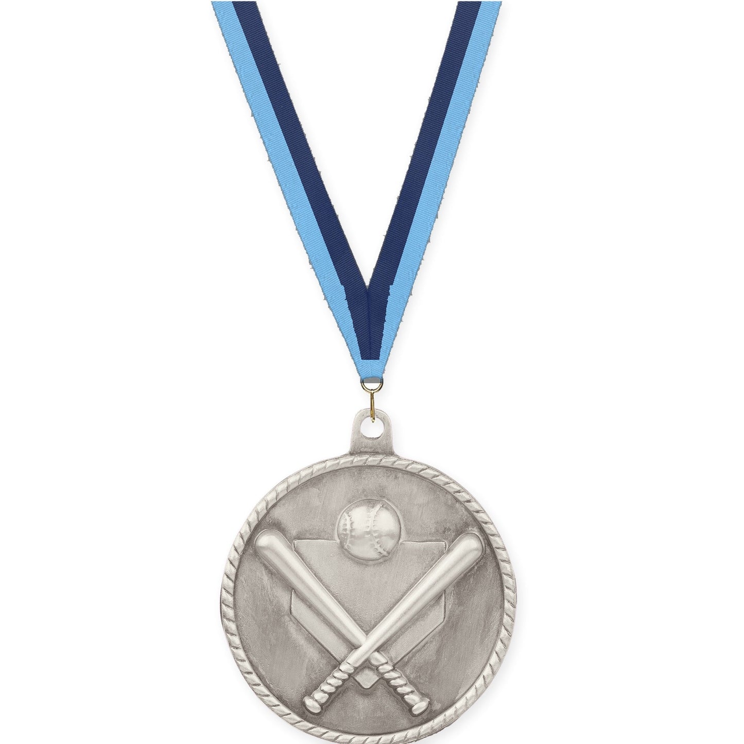 2 inch baseball and softball High Relief medal in antique silver with Light Blue Navy neck ribbon