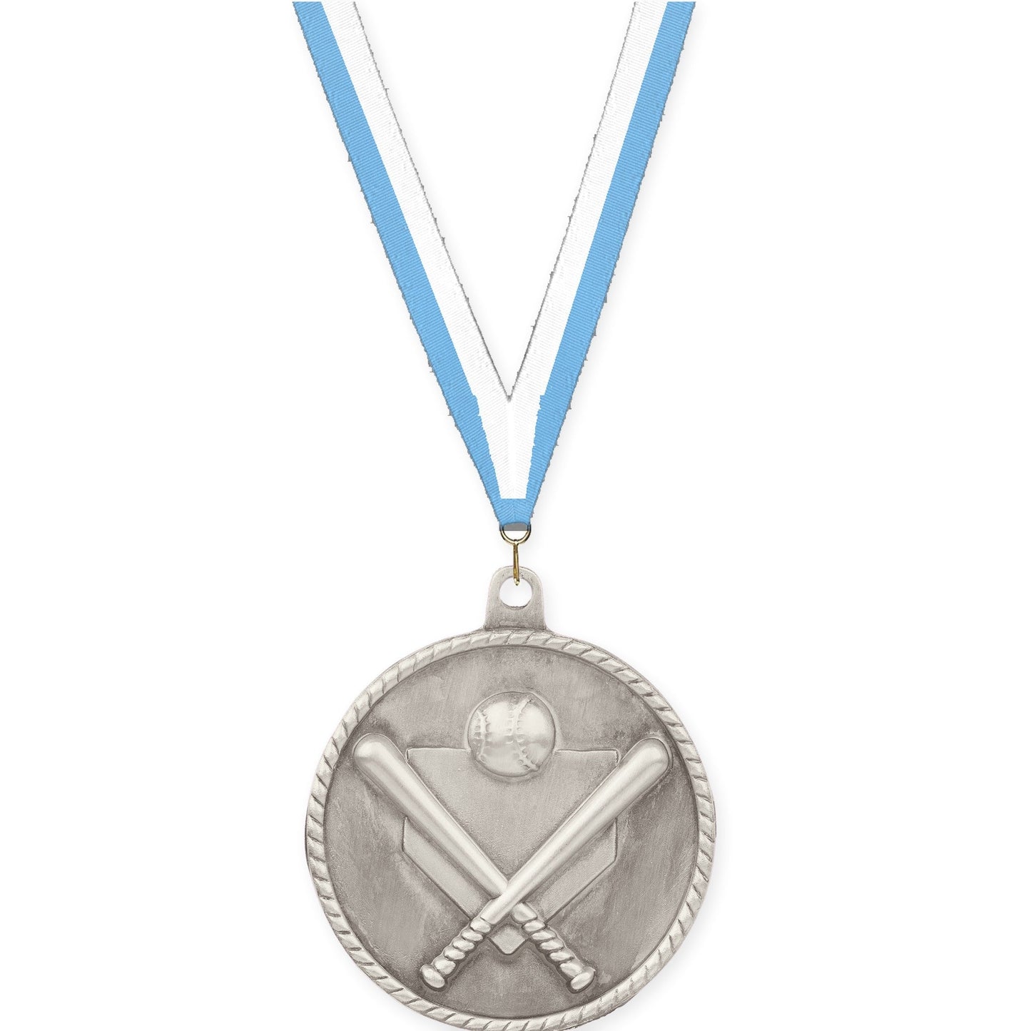 2 inch baseball and softball High Relief medal in antique silver with Light Blue White neck ribbon