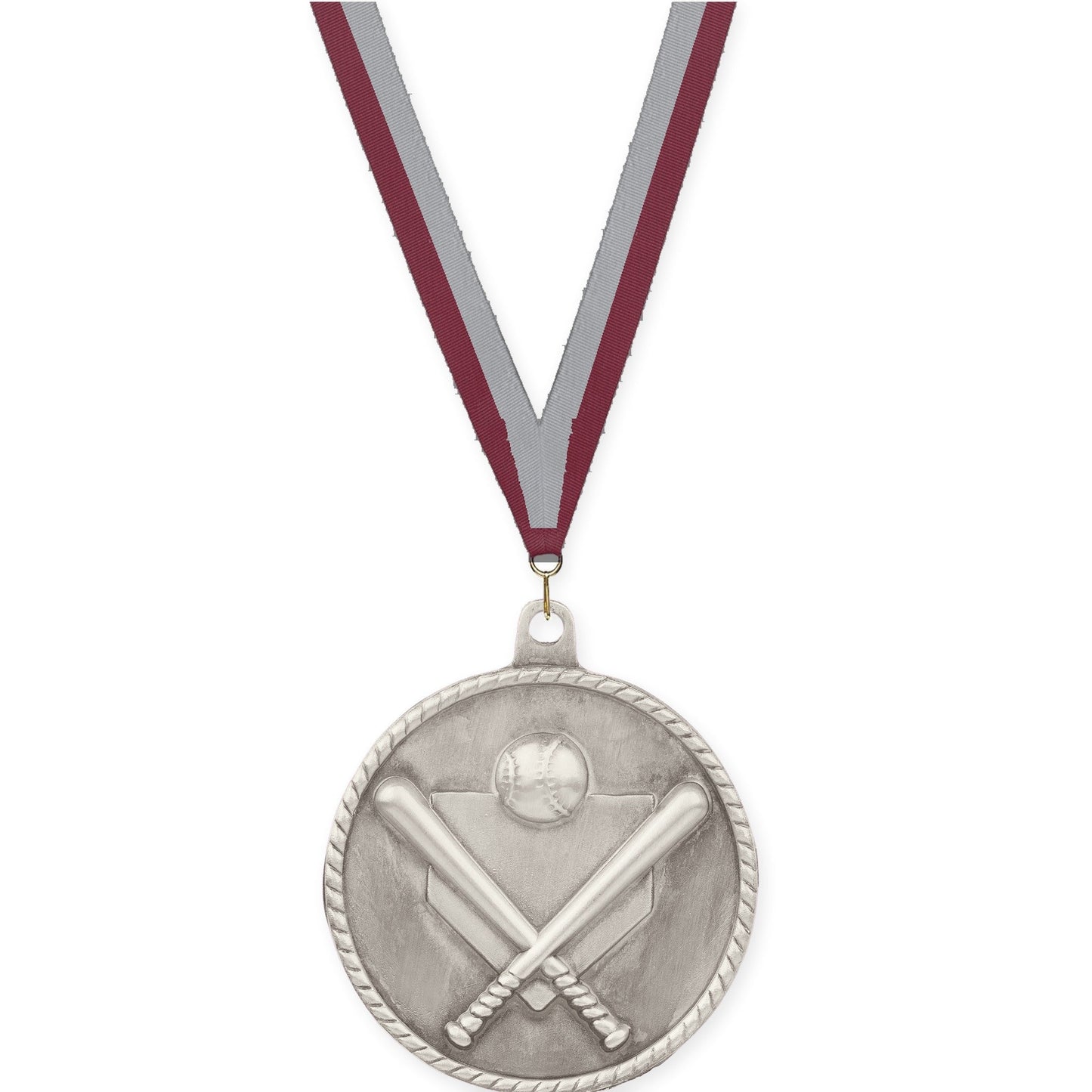 2 inch baseball and softball High Relief medal in antique silver with Maroon Gray neck ribbon