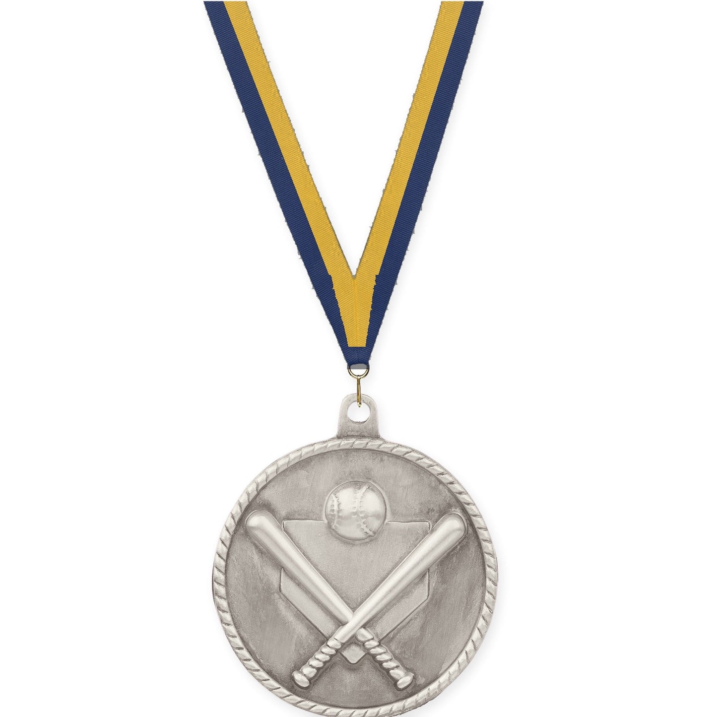 2 inch baseball and softball High Relief medal in antique silver with Navy Gold neck ribbon
