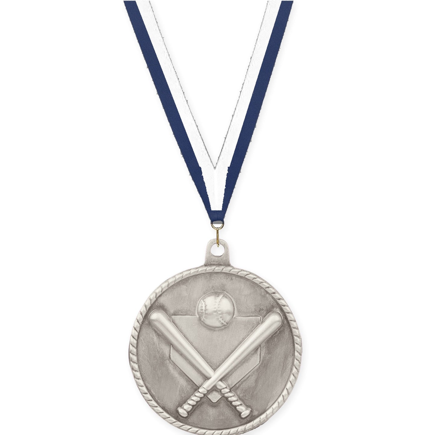 2 inch baseball and softball High Relief medal in antique silver with Navy White neck ribbon