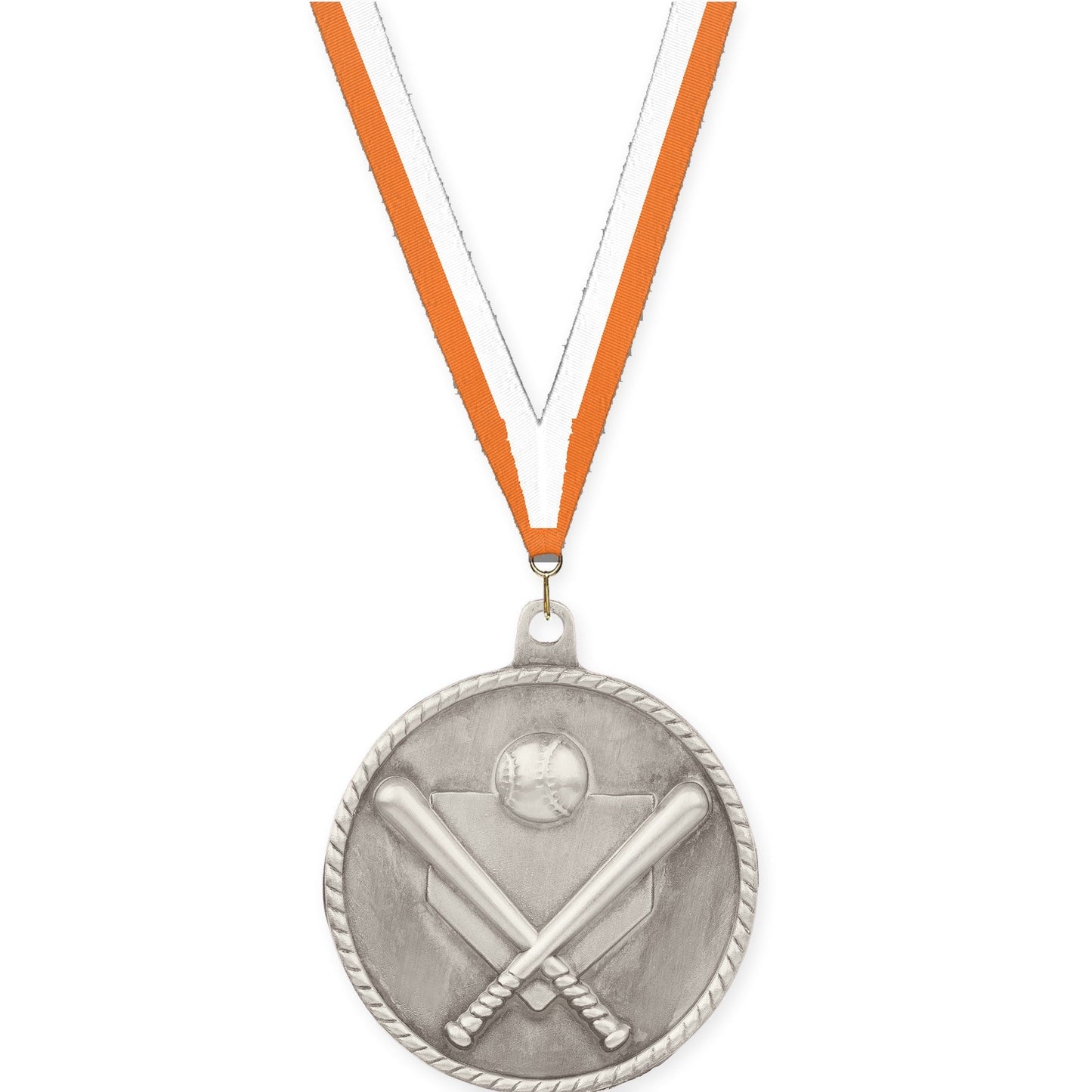2 inch baseball and softball High Relief medal in antique silver with Orange White neck ribbon