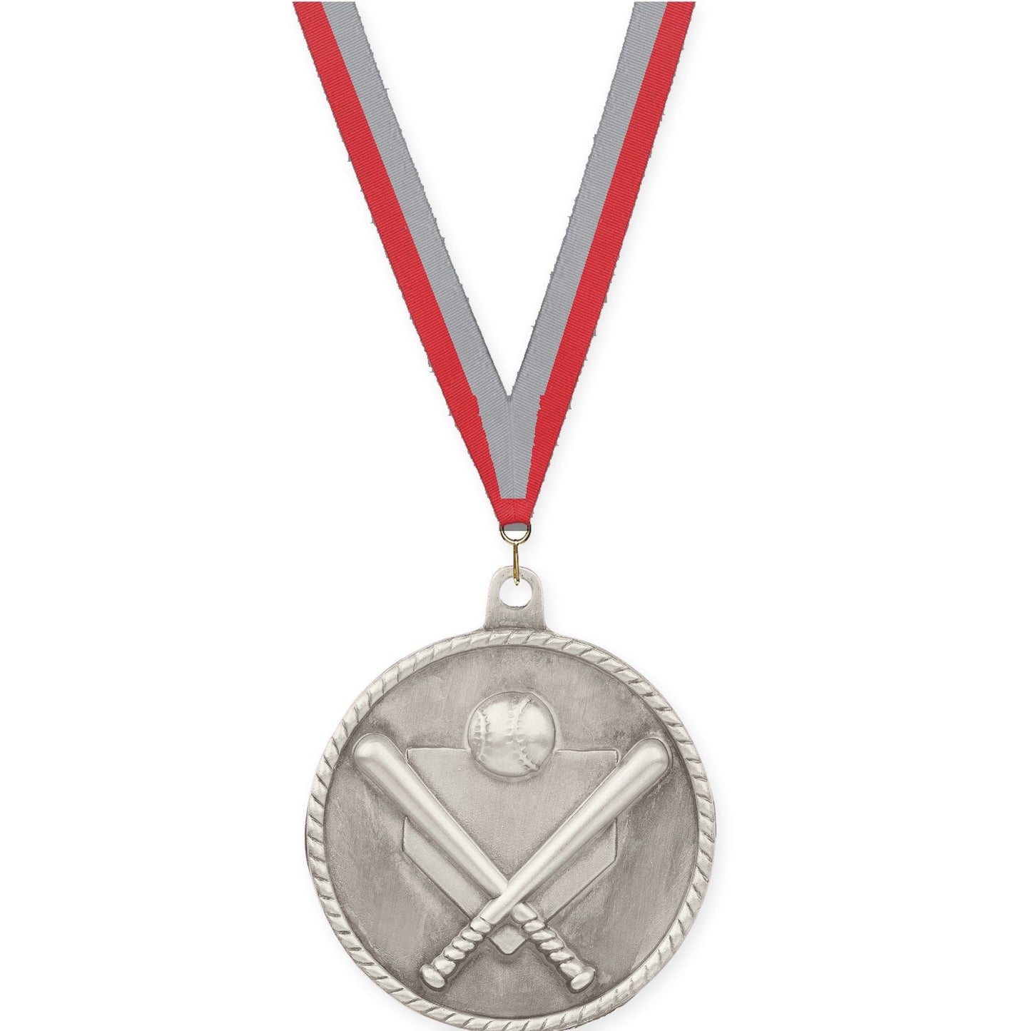 2 inch baseball and softball High Relief medal in antique silver with Red Gray neck ribbon