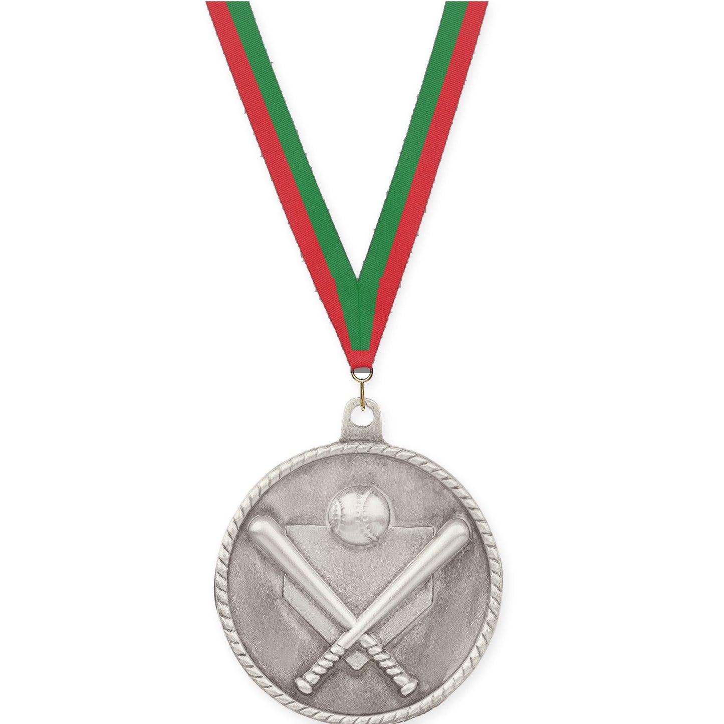 2 inch baseball and softball High Relief medal in antique silver with Red Green neck ribbon