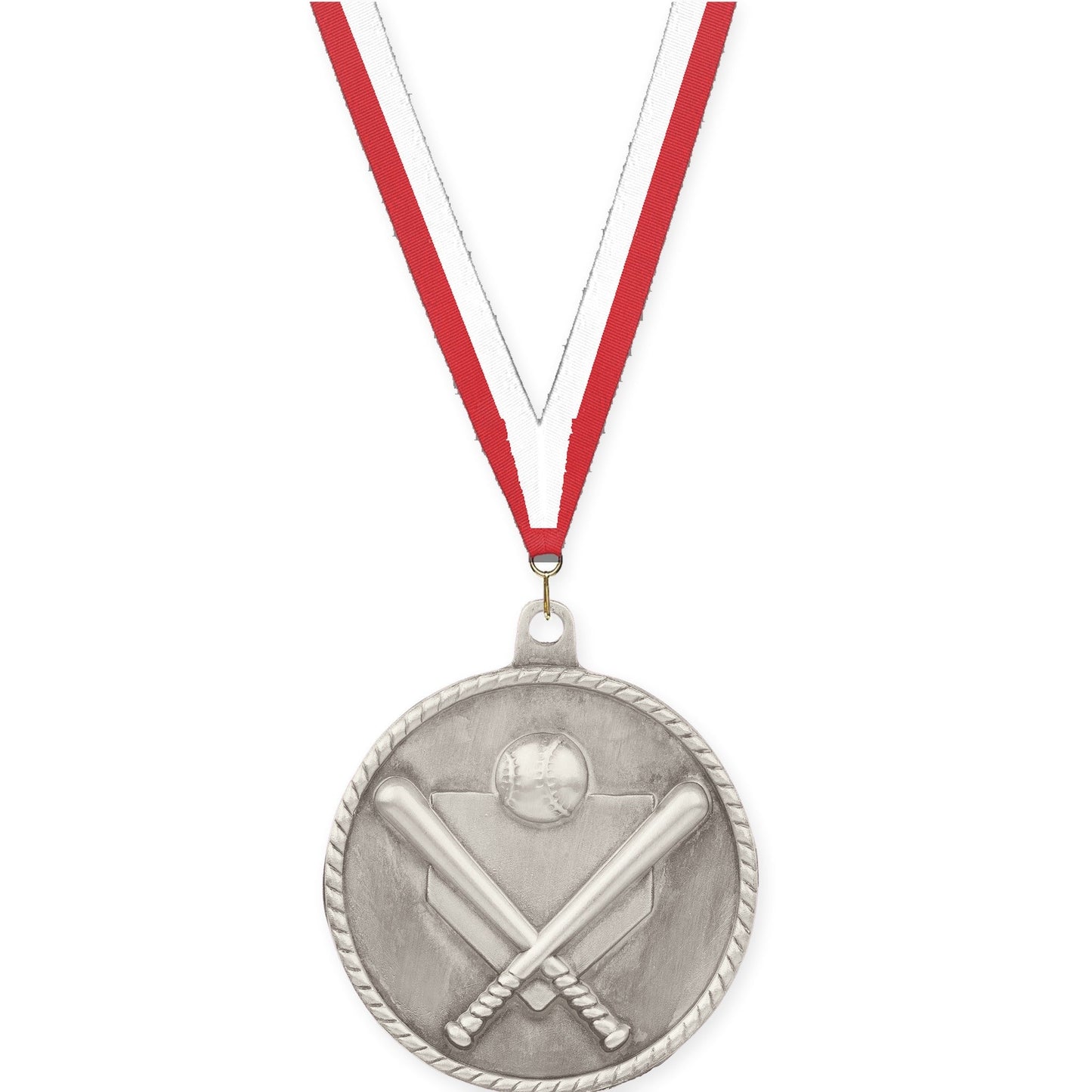 2 inch baseball and softball High Relief medal in antique silver with Red White neck ribbon