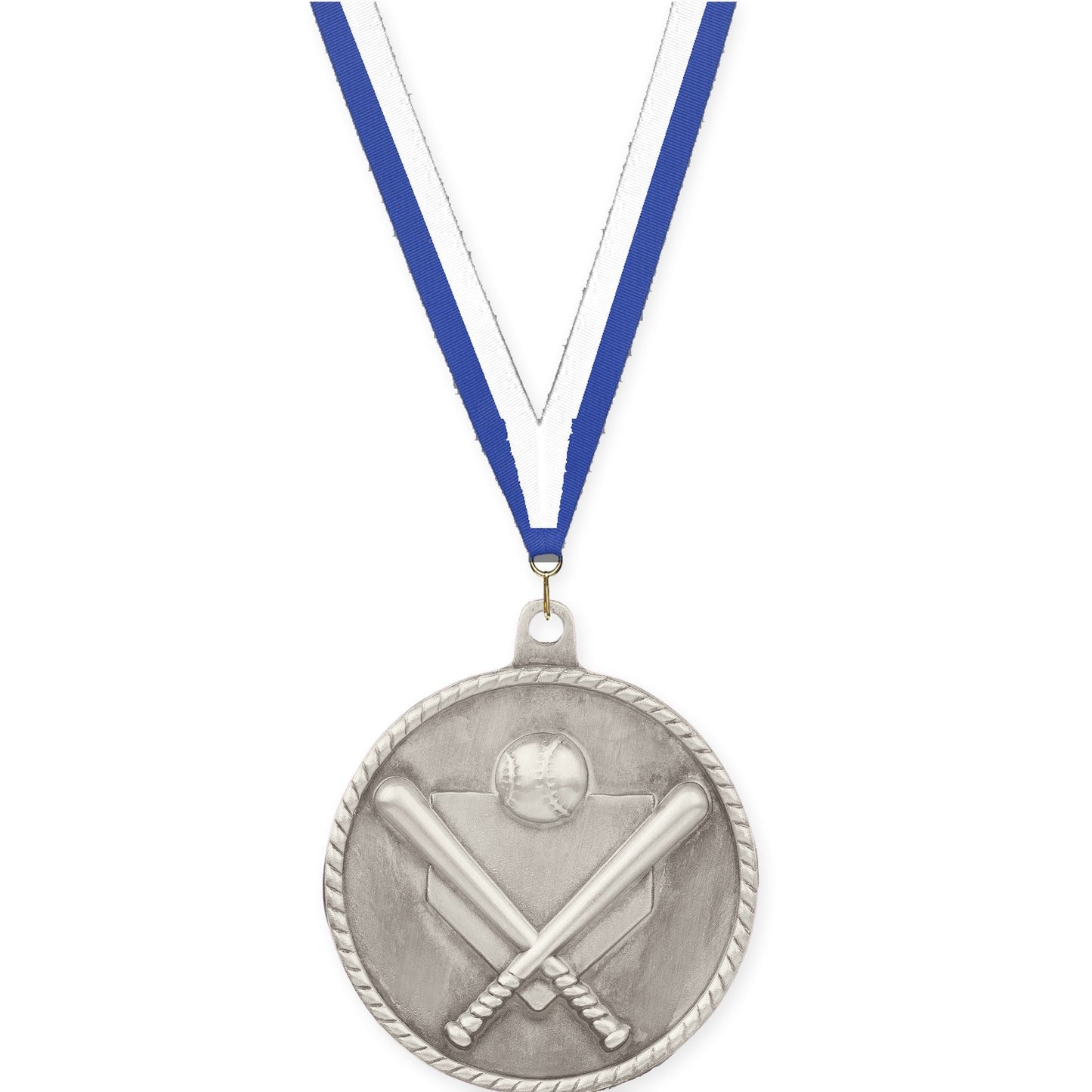 2 inch baseball and softball High Relief medal in antique silver with Blue White neck ribbon