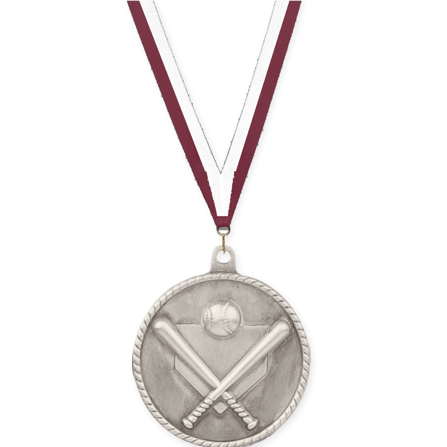 2 inch baseball and softball High Relief medal in antique silver with Maroon White neck ribbon