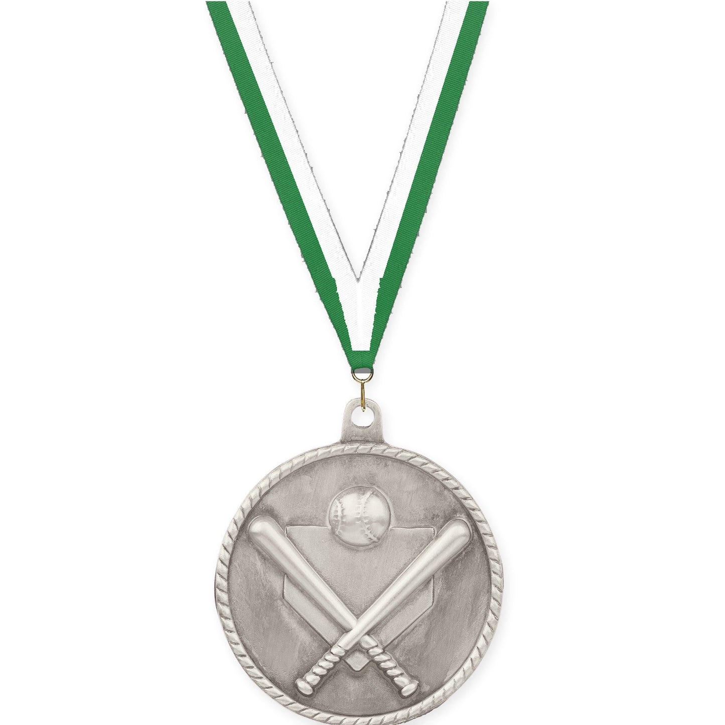 2 inch baseball and softball High Relief medal in antique silver with Green White neck ribbon