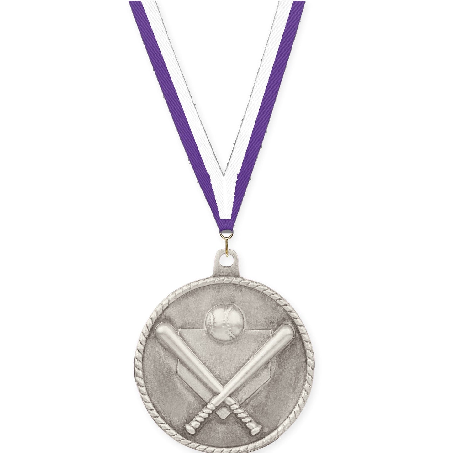 2 inch baseball and softball High Relief medal in antique silver with Purple White neck ribbon