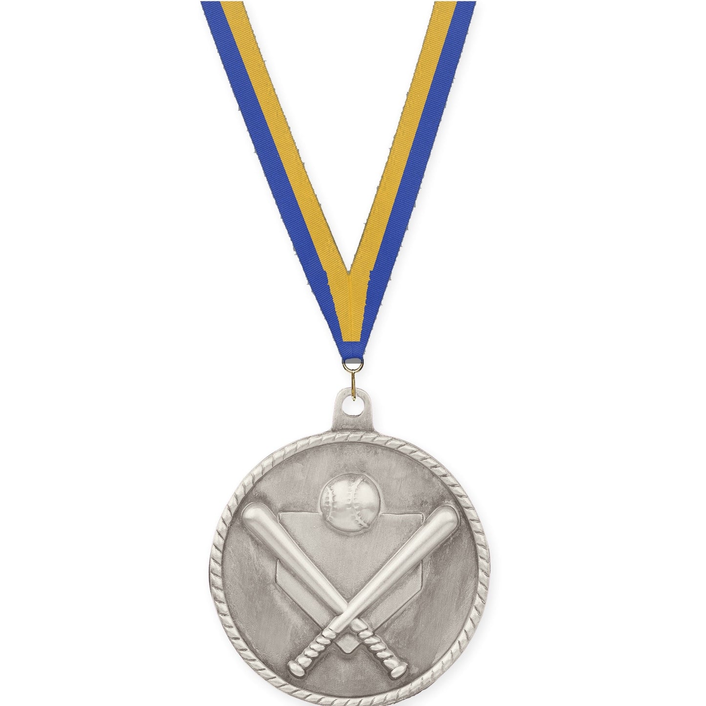 2 inch baseball and softball High Relief medal in antique silver with Blue Gold neck ribbon