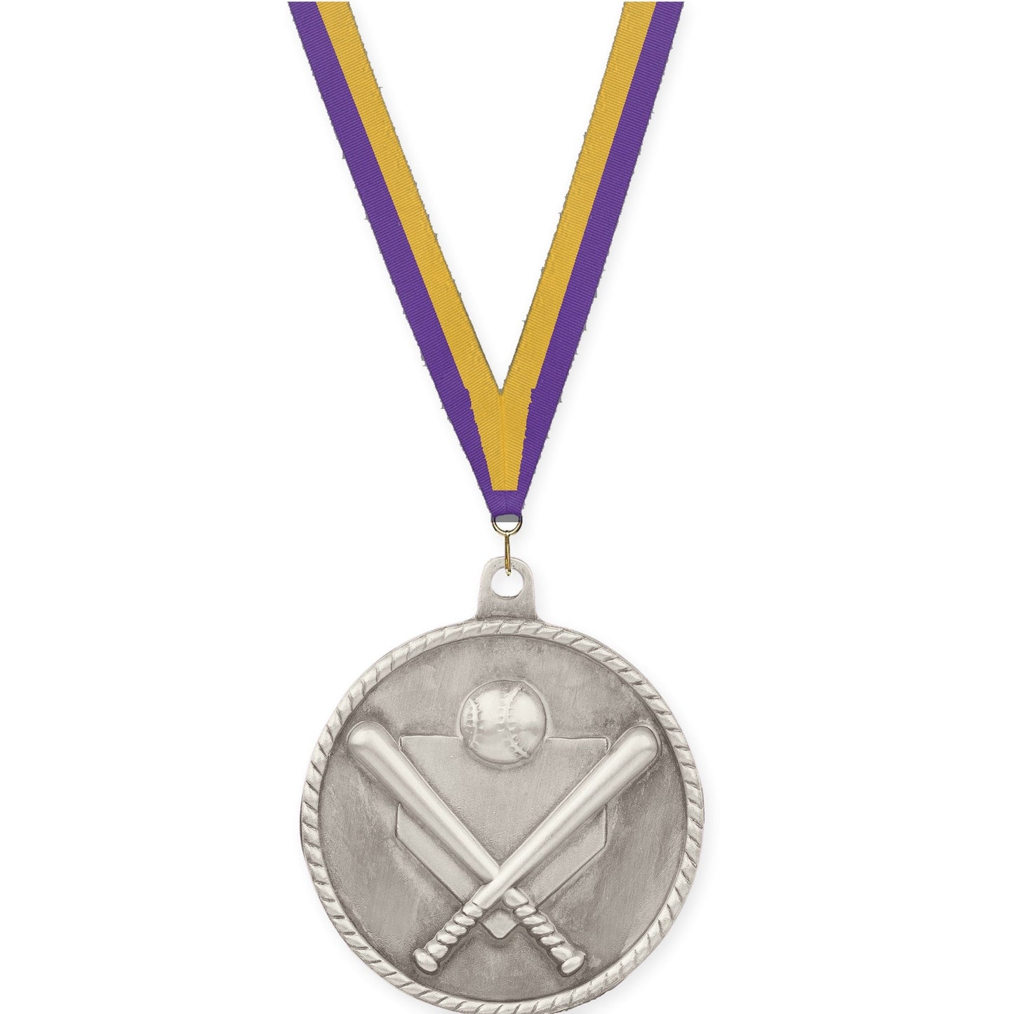 2 inch baseball and softball High Relief medal in antique silver with Purple Gold neck ribbon
