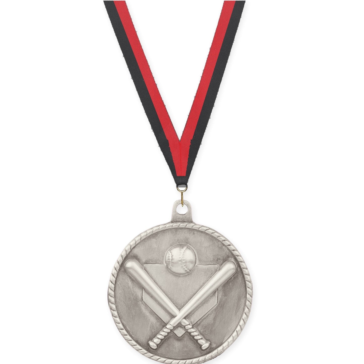 2 inch baseball and softball High Relief medal in antique silver with Black Red neck ribbon