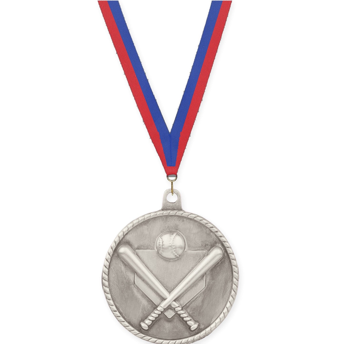 2 inch baseball and softball High Relief medal in antique silver with Blue Red neck ribbon