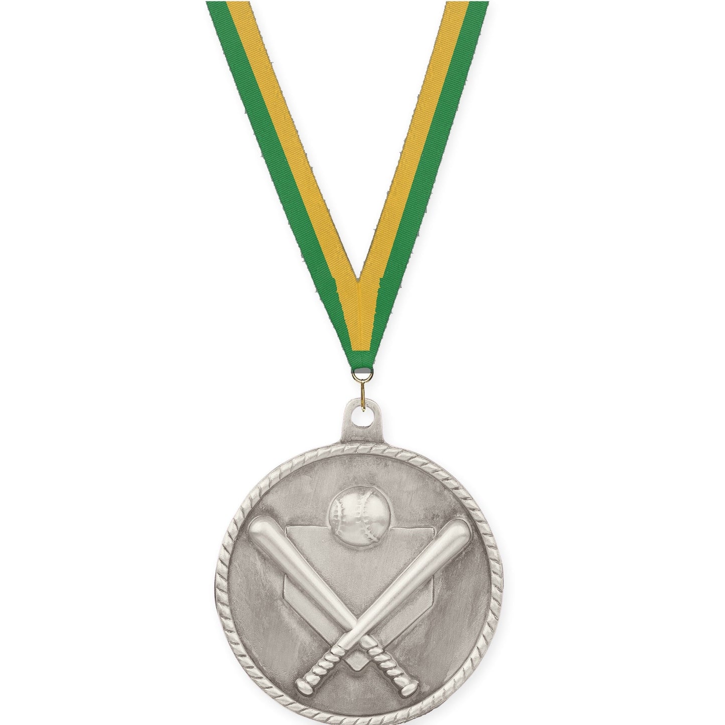2 inch baseball and softball High Relief medal in antique silver with Green Gold neck ribbon