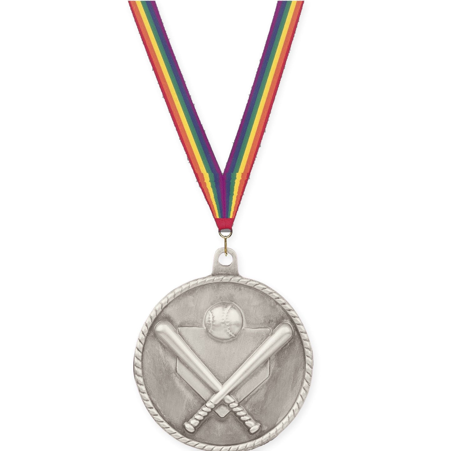 2 inch baseball and softball High Relief medal in antique silver with Rainbow neck ribbon