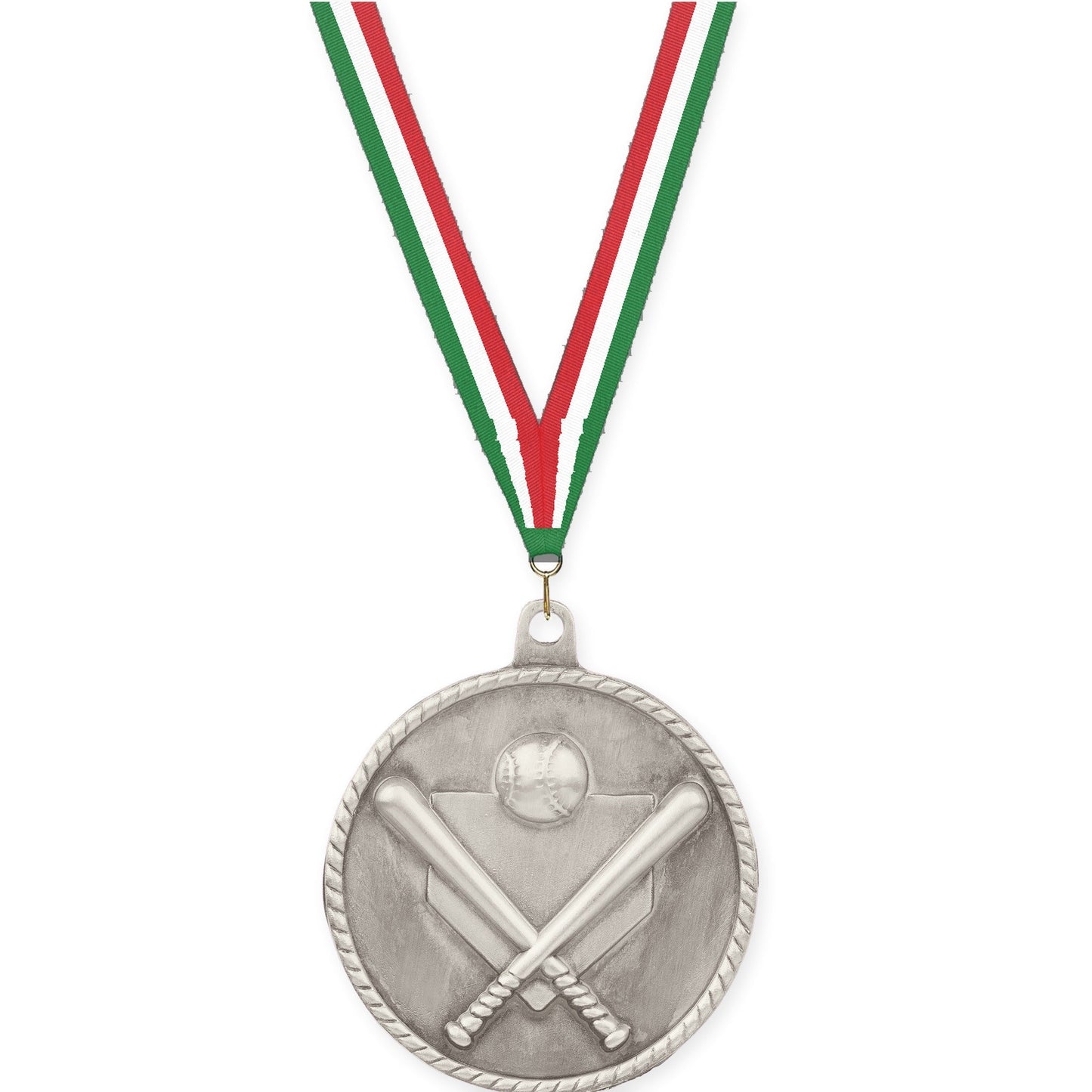 2 inch baseball and softball High Relief medal in antique silver with Green White Red neck ribbon