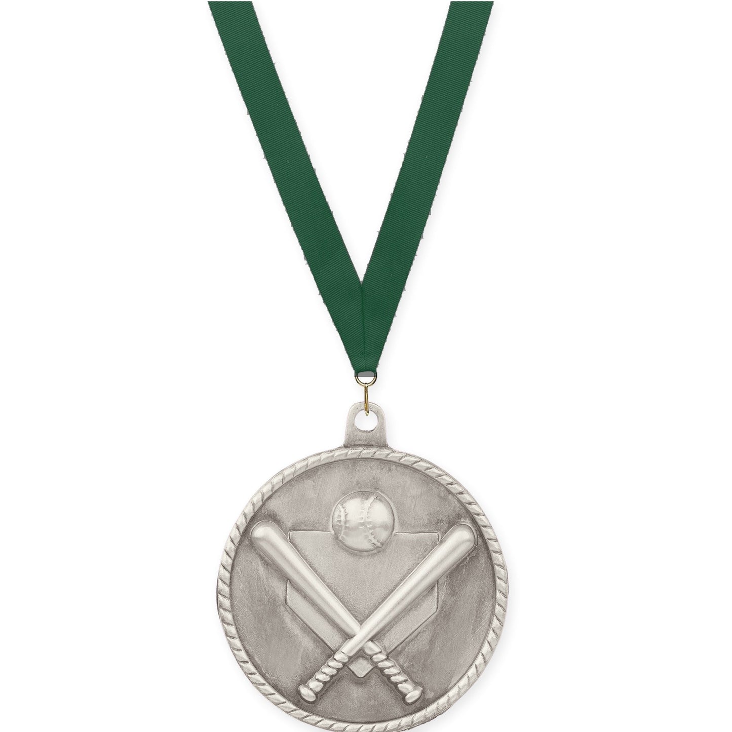 2 inch baseball and softball High Relief medal in antique silver with Hunter Green neck ribbon