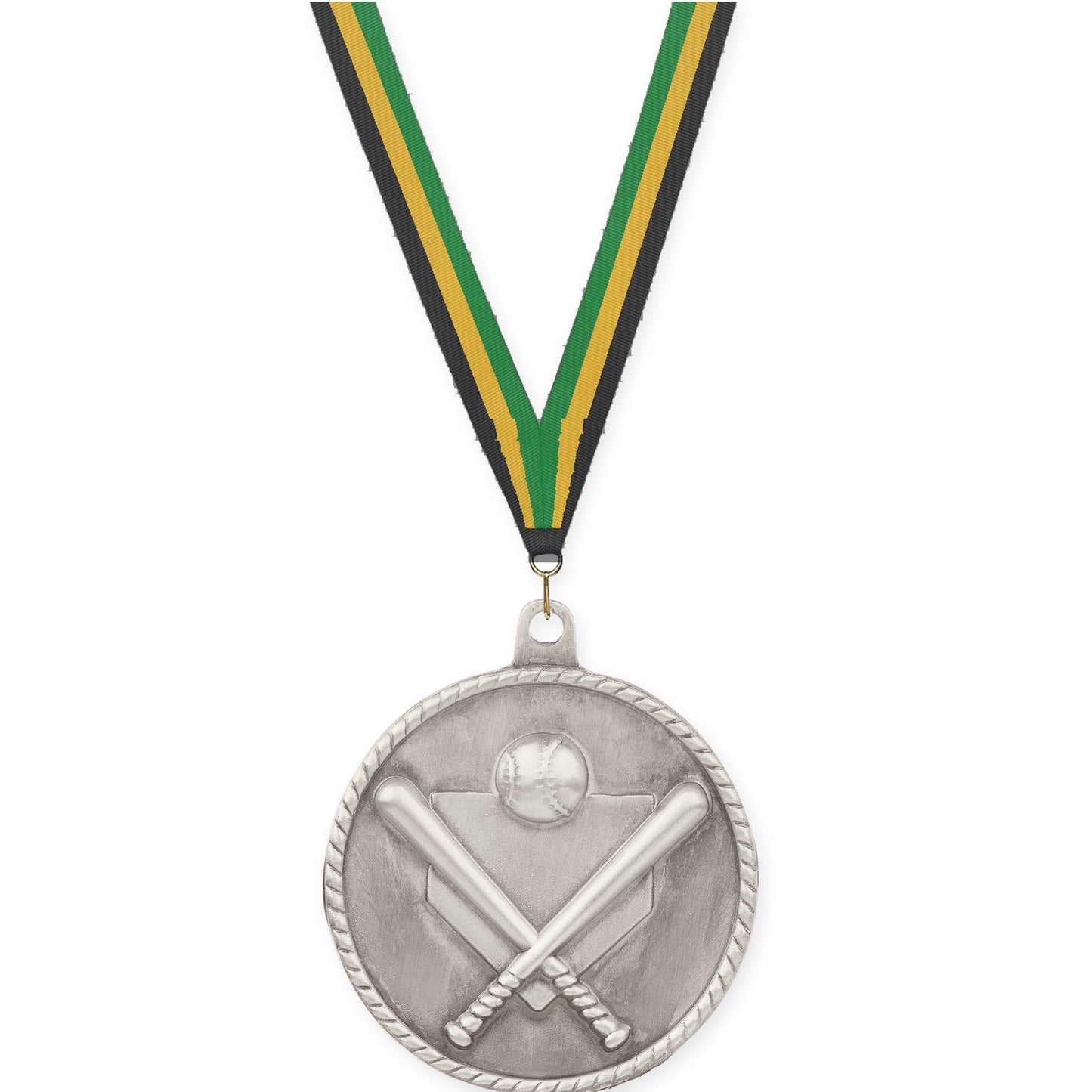 2 inch baseball and softball High Relief medal in antique silver with Black Gold Green neck ribbon