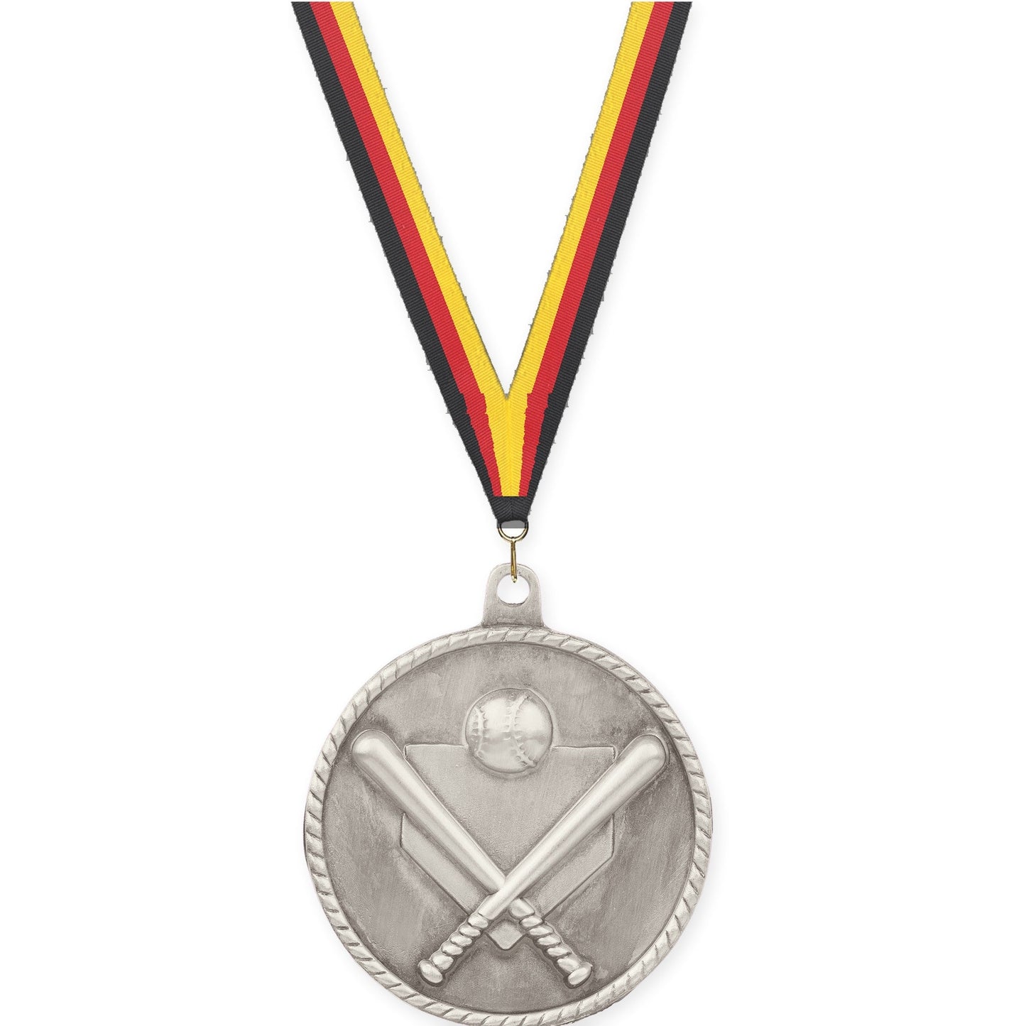 2 inch baseball and softball High Relief medal in antique silver with Black Red Yellow neck ribbon