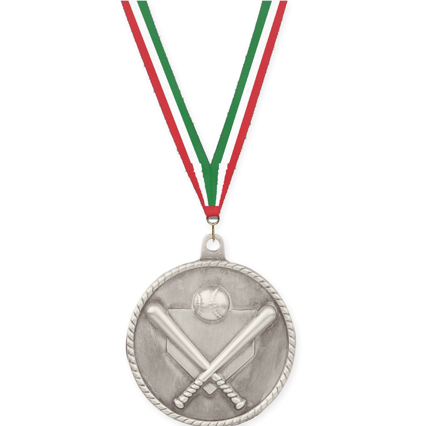 2 inch baseball and softball High Relief medal in antique silver with Red White Green neck ribbon