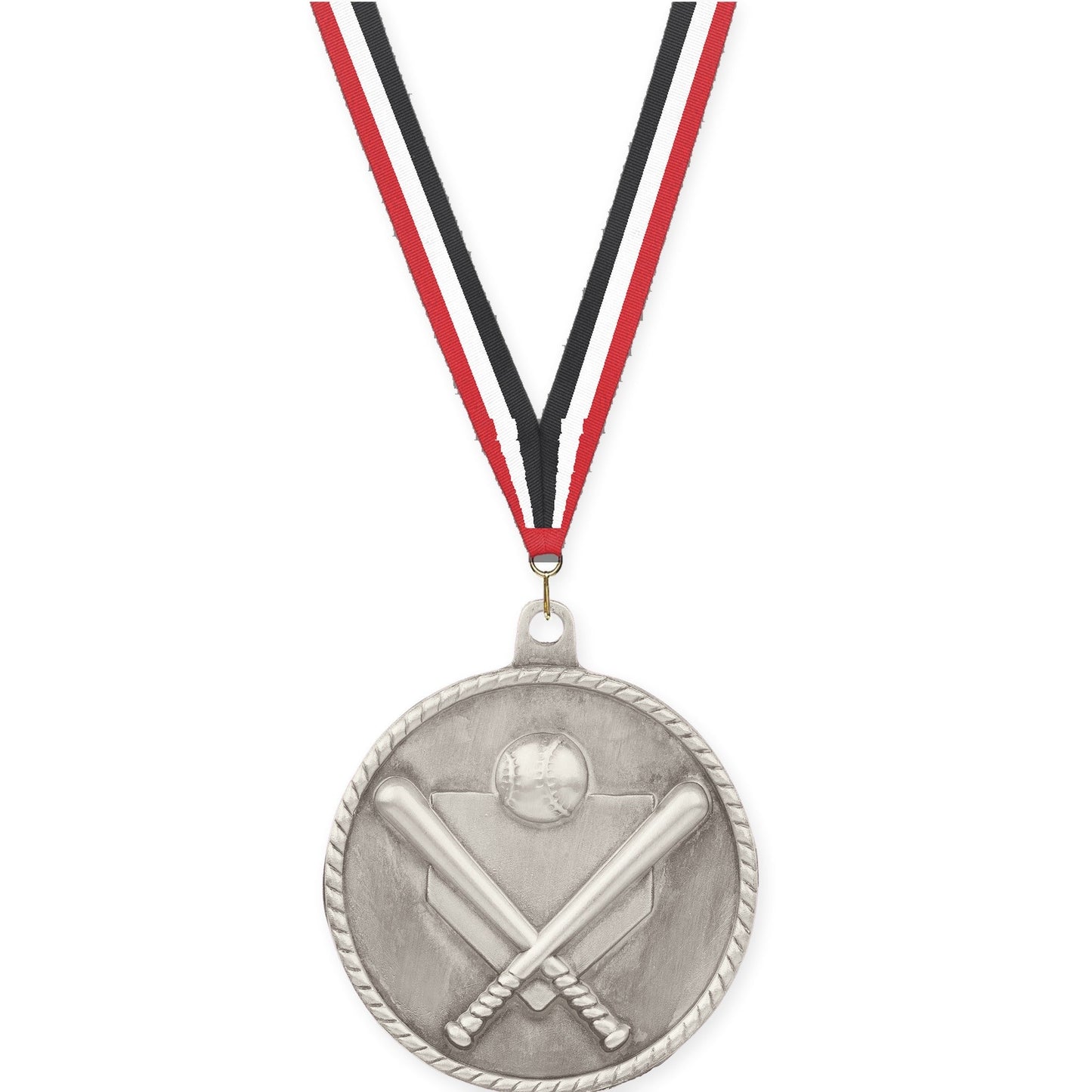 2 inch baseball and softball High Relief medal in antique silver with Red White Black neck ribbon