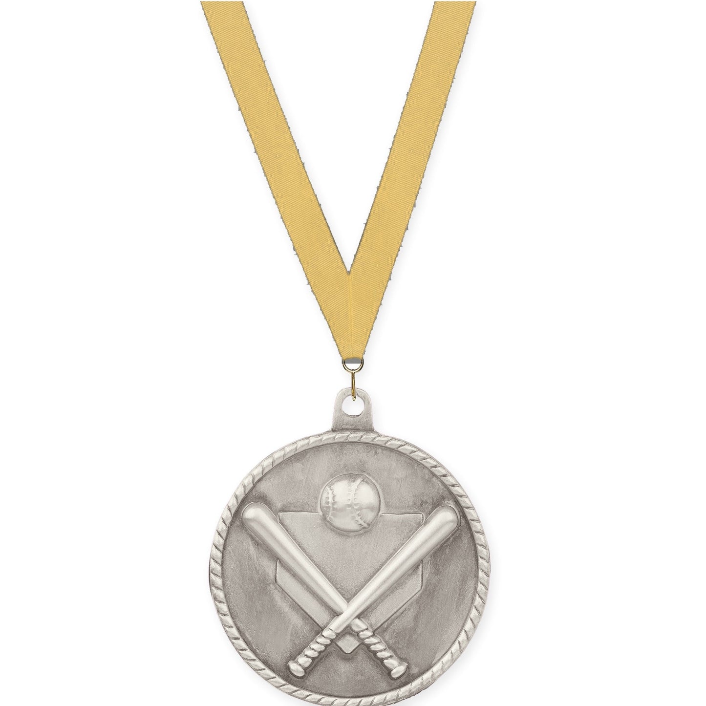 2 inch baseball and softball High Relief medal in antique silver with Gold Metallic neck ribbon