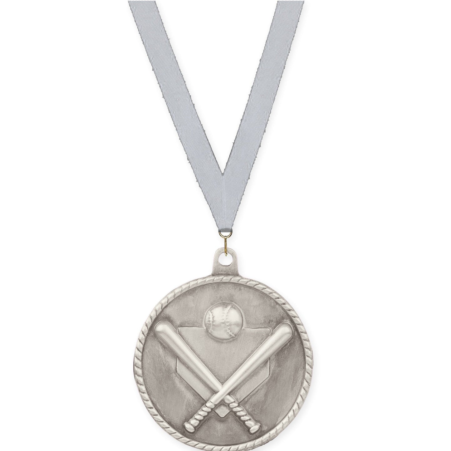2 inch baseball and softball High Relief medal in antique silver with Silver Metallic neck ribbon