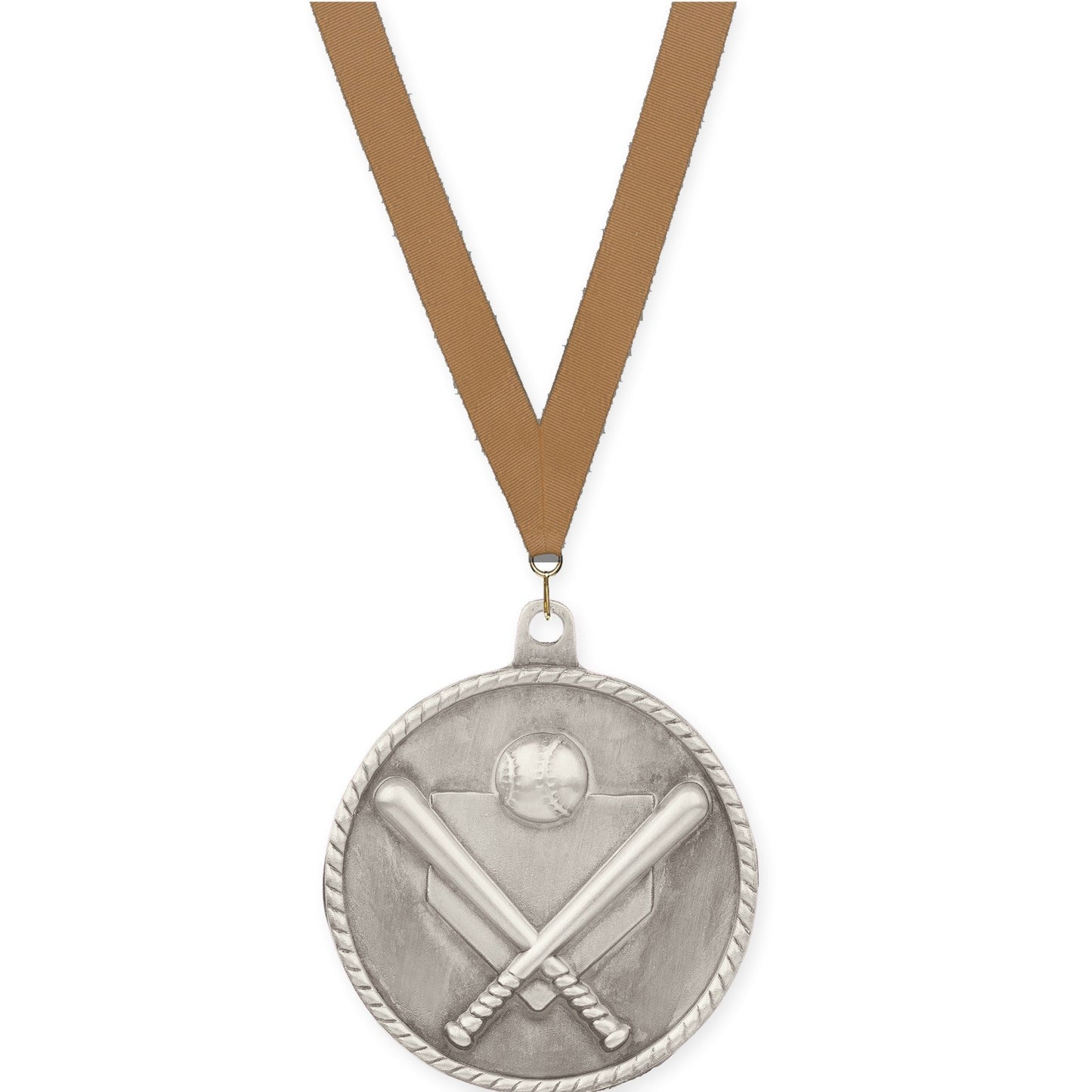 2 inch baseball and softball High Relief medal in antique silver with Bronze Metallic neck ribbon