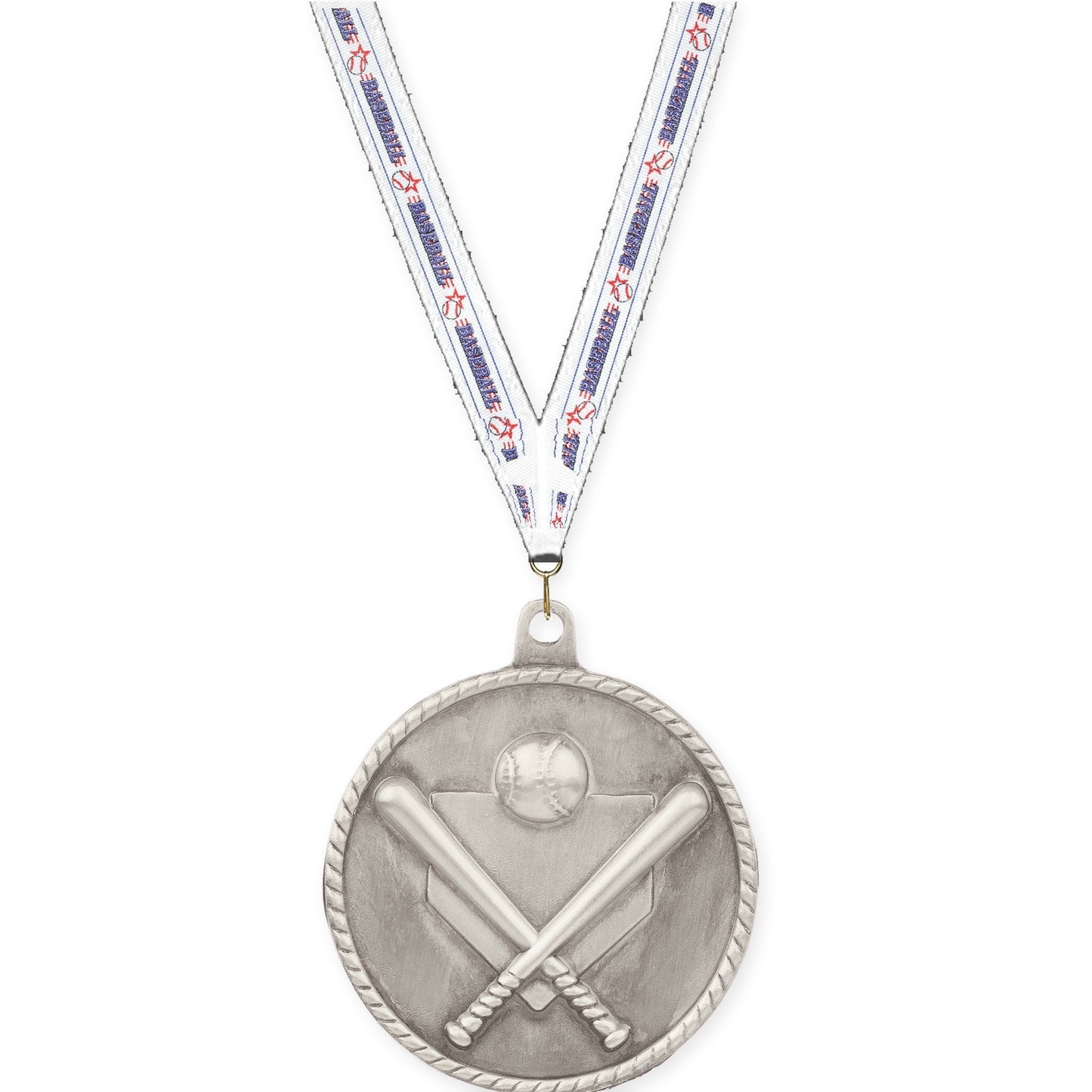 2 inch baseball and softball High Relief medal in antique silver with Baseball neck ribbon