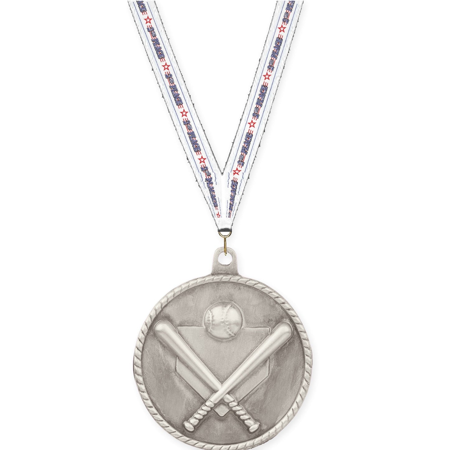 2 inch baseball and softball High Relief medal in antique silver with 2nd Place neck ribbon